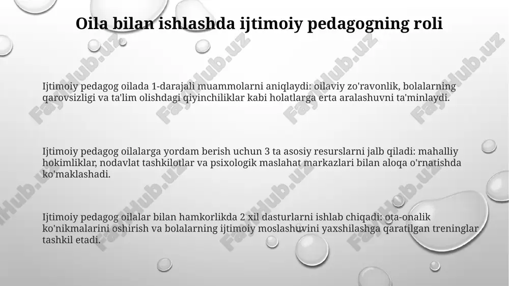 ga yordam o'zbekistonda nogironligi bo'lgan bolalarni tarbiyalash uchun ota-onalarga qo'shimcha ta'til beriladi, bu ta'tilning muddati 14 kalendar kunni tashkil etadi. nogironligi bo'lgan bolalari bor oilalar tibbiy-ijtimoiy ekspert komissiyasi (tiek) xulosasiga ko'ra nafaqa va imtiyozlar olish huquqiga ega bo'lishi mumkin. davlat nogironligi bo'lgan bolalari bor oilalarga uy-joy sharoitlarini yaxshilash, reabilitatsiya vositalari bilan ta'minlash va sanatoriy-kurort davolanishi uchun yordam ko'rsatadi. huquqiy maslahat va himoya "huquqiy himoya" oilaning buzilgan huquqlarini tiklash uchun 20 dan ortiq davlat organlariga murojaat qilish, sud jarayonlarida vakillik qilishni o'z ichiga oladi. oilalarga bepul "huquqiy yordam" ko'rsatish, o'zbekiston respublikasining "advokatura to'g'risida"gi qonuniga muvofiq, 35 dan ortiq advokatlar tomonidan amalga oshiriladi. "huquqiy maslahat" oila huquqlariga oid savollarga javob berish va 150 dan ortiq normativ-huquqiy hujjatlarni tushuntirish orqali oilani qo'llab-quvvatlaydi. kam ta'minlangan oilalarga yordam kam ta’minlangan oilalar uchun uy-joy kommunal xizmatlari toʻlovlari boʻyicha subsidiyalar mavjud boʻlib, bu oilaning daromadiga qarab belgilanadi hamda moddiy yordam koʻrsatiladi. kam ta’minlangan oilalarga nafaqalar “ijtimoiy himoya …