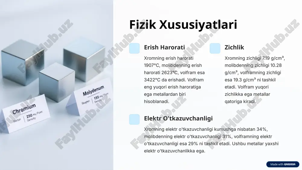h hajmi yiliga 50 million tonnadan ortiq. metall qoplamalar korroziyaga chidamli qoplamalar yaratishda xromdan foydalaniladi. ushbu qoplamalar metall buyumlarning uzoq muddat xizmat qilishini ta'minlaydi. pigmentlar xrom oksidi yashil pigment sifatida turli sohalarda qo'llaniladi. rang berish xususiyatlari tufayli keng tarqalgan. 8 qo'llanilishi: molibden va volfram molibden po'latga qo'shilib, uning qattiqligini oshiradi (0.25-8% mo). avtomobil sanoatida yuqori quvvatli qismlar ishlab chiqarishda ishlatiladi. molibden po'latning mustahkamligini oshirib, uning ishlash muddatini uzaytiradi. volfram elektr lampalarning tolasi sifatida ishlatiladi (yuqori erish harorati tufayli). rentgen nurlari trubkalarida ham qo'llaniladi. volframning yuqori erish harorati uning elektr lampalarida ishlashini ta'minlaydi. qotishmalar yuqori haroratga chidamli qotishmalar ishlab chiqarishda molibden va volfram muhim rol o'ynaydi. ushbu qotishmalar aviatsiya va kosmik sanoatda qo'llaniladi. 9 xulosa 6-b guruh elementlari (xrom, molibden, volfram) muhim metallar bo'lib, ularning noyob xususiyatlari turli sohalarda keng qo'llanilishini ta'minlaydi. ushbu elementlar yuqori erish harorati, qattiqlik va korroziyaga chidamlilik kabi xususiyatlarga ega. metallurgiya, kimyo sanoati, elektronika va boshqa sohalarda …
