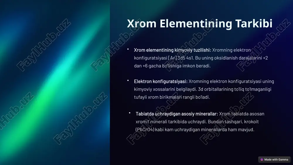 lfram ham po'latning xususiyatlarini yaxshilash uchun ishlatiladi. korroziyaga qarshi material sifatida ahamiyati: xrom qoplamalari metallarni korroziyadan himoya qilish uchun ishlatiladi. bu avtomobilsozlik, qurilish va boshqa sohalarda muhim ahamiyatga ega. 7 xrom elementining ekologik aspektlari xromni qazib olish va qayta ishlash jarayonlari atrof-muhitga ta'sir ko'rsatishi mumkin. tabiatga ta'siri: xrom rudalarini qazib olish tuproq eroziyasi, suvning ifloslanishi va o'simliklar dunyosiga zarar yetkazishi mumkin. xromning olti valentli birikmalari zaharli hisoblanadi. ekologik xavfsizlik masalalari: xrom chiqindilarini to'g'ri boshqarish va utilizatsiya qilish ekologik xavfsizlikni ta'minlash uchun muhimdir. xromning olti valentli birikmalarini zararsizlantirish texnologiyalari ishlab chiqilmoqda. qayta ishlab chiqarish imkoniyatlari: xromni qayta ishlash resurslarni tejash va atrof-muhitga ta'sirni kamaytirish imkonini beradi. zanglamaydigan po'lat va boshqa xromli materiallarni qayta ishlash muhim ahamiyatga ega. 8 xrom guruhining innovatsion qo'llanilishi xrom guruhi elementlari zamonaviy texnologiyalarda keng qo'llanilmoqda. zamonaviy texnologiyalarda foydalanish: xrom va uning birikmalari aerokosmik sanoatida, elektronika va tibbiyotda ishlatiladi. yuqori haroratli qotishmalar samolyot dvigatellari va reaktiv texnikada qo'llaniladi. …
