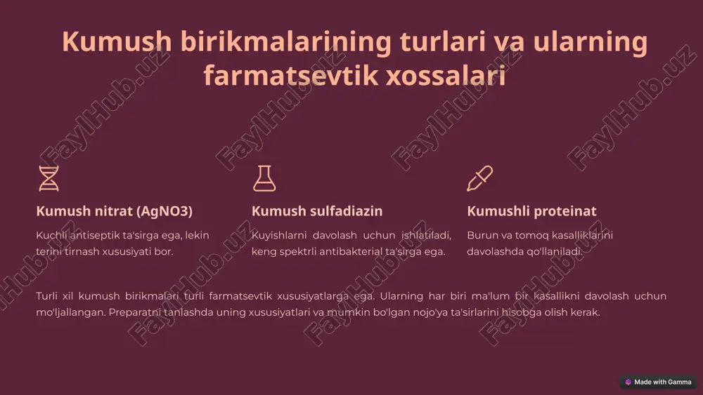 al ta'sir, antibiotiklarga chidamlilikni yengish. 1 cheklovlar nojo'ya ta'sirlar, kontrendikatsiyalar. 2 kelajakdagi istiqbollar nanotexnologiyalar yordamida yangi avlod kumush preparatlarini yaratish. 3 kumush birikmalari farmatsevtika sohasida qimmatli vosita bo'lib qolmoqda. kelajakda nanotexnologiyalar yordamida yangi avlod kumush preparatlarini yaratish imkoniyatlari mavjud. bu esa ularning samaradorligini oshirish va nojo'ya ta'sirlarini kamaytirish imkonini beradi. 10 image1.png image2.png image3.png image4.png image5.png image6.png image7.png image8.png image9.png image10.png image11.png image12.png image13.png image14.png image15.png image16.png image17.png image18.png image19.png image20.png image21.png image22.png image23.png