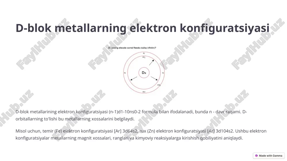 ir oksidi (fe2o3) - pigment va magnit material sifatida ishlatiladi. mis sulfati (cuso4) - fungitsid va herbitsid sifatida qo'llaniladi. titan dioksidi (tio2) - oq pigment va quyoshdan himoya qiluvchi vositalarda ishlatiladi. rux oksidi (zno) - terini himoya qiluvchi va antiseptik vositalarda ishlatiladi. d-blok metallarining birikmalari ko'plab sohalarda muhim ahamiyatga ega. misol uchun, platina birikmalari saraton kasalligini davolashda ishlatiladi, marganets dioksidi esa batareyalarda qo'llaniladi. kobalt birikmalari pigmentlar va magnit materiallar sifatida ishlatiladi. ushbu birikmalar d-blok metallarining kimyoviy xossalarini namoyon etadi va ularning amaliy ahamiyatini ko'rsatadi. 8 d-blok metallarning biologik ahamiyati temir gemoglobin tarkibiga kiradi va kislorodni tashishda muhim rol o'ynaydi. sink fermentlar tarkibiga kiradi va metabolik jarayonlarda ishtirok etadi. mis ba'zi fermentlar tarkibiga kiradi va antioksidant xususiyatlarga ega. d-blok metallari tirik organizmlar uchun muhim mikroelementlardir. ularning yetishmasligi turli xil kasalliklarga olib kelishi mumkin. misol uchun, temir yetishmasligi anemiya, sink yetishmasligi esa immunitetning susayishiga olib keladi. kobalt vitamin b12 tarkibiga kiradi va …