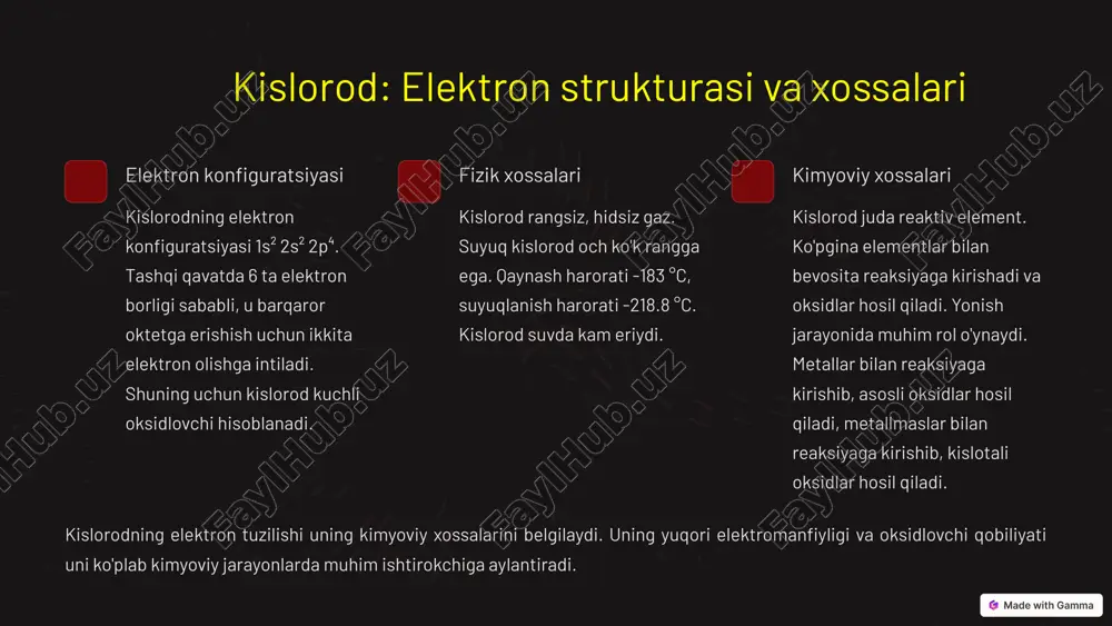 vodorod sulfidi zaharli bo'lsa-da, sulfat kislotasi ko'plab kimyoviy jarayonlarda muhim rol o'ynaydi. 6 kislorod va oltingugurt birikmalarining o'xshashligi va farqlari o'xshashliklar ikkalasi ham xalkogenlar guruhiga mansub. oksidlovchi xususiyatga ega. ko'pgina elementlar bilan birikma hosil qiladi. farqlar kislorod gaz, oltingugurt qattiq modda. kislorodning oksidlovchi kuchi oltingugurtdan yuqori. oltingugurt allotropik modifikatsiyalarga ega. kislorod va oltingugurt o'xshash xususiyatlarga ega bo'lsa-da, ularning farqlari ham muhim ahamiyatga ega. kislorodning yuqori reaktivligi uni hayot uchun zarur qiladi, oltingugurtning allotropiyasi esa uning sanoatda qo'llanilishini kengaytiradi. 7 kislorod va oltingugurt birikmalarining qo'llanilishi yonish kislorod yonish jarayonida muhim rol o'ynaydi. yoqilg'ilarning yonishi energiya ishlab chiqarish uchun ishlatiladi. fotosintez kislorod o'simliklar tomonidan fotosintez jarayonida hosil bo'ladi. atmosferani kislorod bilan ta'minlaydi. sanoat sulfat kislotasi, polimerlar, farmatsevtika va boshqa kimyoviy mahsulotlar ishlab chiqarishda qo'llaniladi. kislorod va oltingugurt birikmalari turli sohalarda keng qo'llaniladi. ularning xususiyatlari sanoat, qishloq xo'jaligi va tibbiyot uchun muhim ahamiyatga ega. 8 kislorod va oltingugurt birikmalarining ekologik ahamiyati 1 atmosfera …