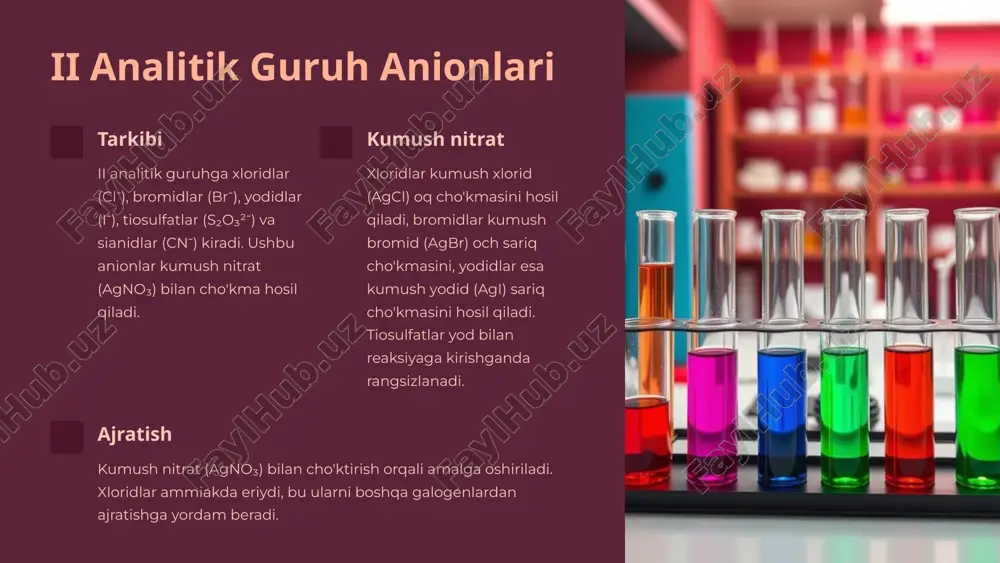 hosil bo'lgan cho'kmalarning rangi va eruvchanligi ularni identifikatsiya qilishga yordam beradi. ammiakda eruvchanlik xloridlarni ajratishda qo'shimcha usul hisoblanadi. 6 iii guruh anionlarini aniqlash reaktsiyalari misollari nitrat anionini aniqlash reagent: difenilamin reaktsiya: (murakkab reaktsiya, difenilaminning oksidlanishi) kuzatuv: ko'k rang hosil bo'ladi. 1 permanganat anionini aniqlash reagent: qaytaruvchi modda (masalan, temir (ii) sulfat) reaktsiya: mno₄⁻(suvli) + 5fe²⁺(suvli) + 8h⁺(suvli) → mn²⁺(suvli) + 5fe³⁺(suvli) + 4h₂o(suyuq) kuzatuv: binafsha rangsizlanadi. 2 difenilamin bilan reaksiyada ko'k rang hosil bo'lishi nitrat anionining borligini ko'rsatadi. permanganat anionining qaytarilishi binafsha rangning yo'qolishiga olib keladi. ushbu reaksiyalar iii guruh anionlarini aniqlashda muhim rol o'ynaydi. 7 xulosa 3 guruh anionlar 3 guruhga bo'linadi. 10+ reaktsiyalar har bir anionni aniqlash uchun 10 dan ortiq reaktsiyalar mavjud. 90% aniqlik anionlarni aniqlash darajasi 90% dan yuqori. anionlarni analitik guruhlarga ajratish analitik kimyoda muhim ahamiyatga ega. bu usul anionlarni aniqlashni osonlashtiradi va sifat analizini soddalashtiradi. aniqlash reaktsiyalarining nazariy asoslari va amaliy qo'llanilishi kimyoviy analizning …