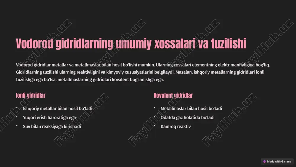 yuqori zichlikda saqlash imkonini beradi. gidridlarning sanoatdagi qo'llanilishi ularning xossalari va barqarorligiga bog'liq. metallurgiya metallarni qaytarish uchun reduktor kimyo sanoati katalizator sifatida vodorod saqlash yuqori zichlikda vodorod saqlash 8 muhokama va savollarga javoblar ushbu bo'limda taqdimotga oid savollarga javob beriladi va muhokama o'tkaziladi. tinglovchilar o'z fikrlarini va savollarini berishlari mumkin. muhokama davomida mavzuga oid qo'shimcha ma'lumotlar va tushuntirishlar beriladi. bu qism barcha ishtirokchilar uchun o'zaro fikr almashish va mavzuni chuqurroq tushunish imkoniyatini beradi. 9 xulosa va kelajakdagi tadqiqotlar ushbu taqdimotda vodorod gidridlar, suv va vodorod peroksidning xossalari, shuningdek, 2-guruh s-blok elementlarining o'ziga xos xususiyatlari ko'rib chiqildi. gidridlarning tuzilishi, suvning noyob xususiyatlari va vodorod peroksidning qo'llanilishi muhokama qilindi. kelajakdagi tadqiqotlar gidridlarning yangi qo'llanilishini topishga va ularning xossalarini yaxshilashga qaratilishi kerak. vodorod energetikasi va materialshunoslik sohalarida yangi yechimlar topish uchun gidridlar muhim ahamiyatga ega. 3 asosiy birikma 2 guruh elementlari infinite tadqiqotlar 10 image1.png image2.png image3.png image4.png image5.png image6.png image7.png image8.png image9.png …
