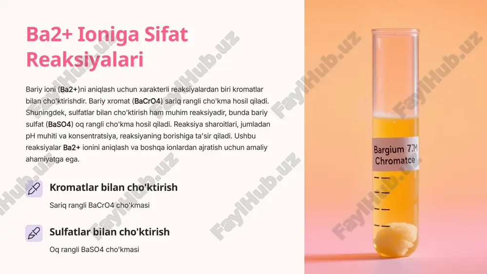 il qiladi. ushbu reaksiyalar oltinchi guruh kationlarini aniqlashda muhim ahamiyatga ega. 1 mg2+ reaksiyalari magnezon i bilan ko'k rang, mgnh4po4 cho'kmasi 2 na+ reaksiyasi natriy uranatsetat bilan sariq cho'kma 3 k+ reaksiyasi natriy tetrafenilborat bilan oq cho'kma 4 nh4+ reaksiyasi nessler reaktivi bilan qo'ng'ir rang 7 xulosa va amaliy qo'llanilishi sifat analizida beshinchi va oltinchi guruh kationlarini aniqlash muhim ahamiyatga ega. ushbu reaksiyalar tuproq, suv va oziq-ovqat mahsulotlari tahlilida keng qo'llaniladi. misol uchun, suv tarkibidagi kaltsiy ionini aniqlash qattiqlik darajasini belgilashda muhimdir. kelajakdagi tadqiqotlar ushbu reaksiyalarning sezgirligini oshirish va yangi reaktivlarni ishlab chiqishga qaratilishi mumkin. sifat analizining rivojlanishi analitik kimyoning dolzarb vazifalaridan biridir. 5 guruh beshinchi analitik guruh 6 guruh oltinchi analitik guruh 8 image1.png image2.png image3.png image4.png image5.png image6.png image7.png image8.png image9.png image10.png image11.png image12.png image13.png image14.png image15.png image16.png image17.png image18.png image19.png