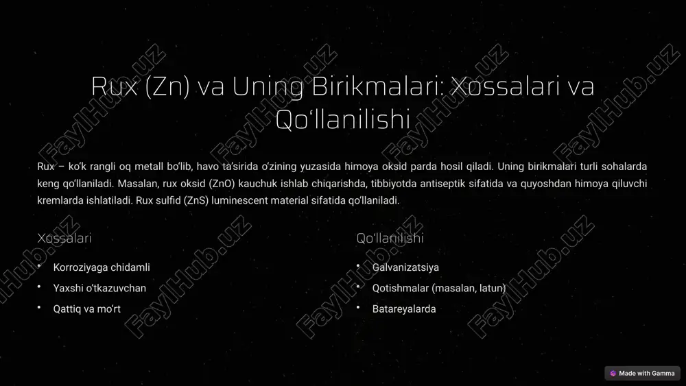 mg/l) 8 sanoatda qo‘llanilishi va iqtisodiy ahamiyati rux, kadmiy va simob birikmalari sanoatning turli sohalarida keng qo‘llaniladi, bu esa ularning iqtisodiy ahamiyatini belgilaydi. rux galvanizatsiya uchun muhim material bo‘lib, metall konstruksiyalarni korroziyadan himoya qiladi. kadmiy batareyalar va pigmentlar ishlab chiqarishda qo‘llaniladi. simob esa termometrlar va kimyoviy sintezda ishlatiladi. ushbu elementlarning bozori global iqtisodiyotda muhim o‘rin tutadi. batareyalar pigmentlar metallurgiya 9 xulosa va kelajakdagi tadqiqotlar rux, kadmiy va simob birikmalari o‘ziga xos xossalarga ega bo‘lib, turli sohalarda muhim rol o‘ynaydi. ularning o‘xshashliklari va farqlarini tushunish ularni samarali qo‘llash va atrof-muhitga ta'sirini minimallashtirish uchun zarurdir. kelajakdagi tadqiqotlar ushbu elementlarning kamroq zaharli analoglarini topishga, ularning utilizatsiya usullarini takomillashtirishga va yangi qo‘llanilish sohalarini aniqlashga qaratilishi kerak. 10 image1.png image2.png image3.png image4.png image5.png image6.png image7.png image8.png image9.png image10.png image11.png image12.png image13.png image14.png image15.png image16.png image17.png image18.png image19.png image20.png image21.png