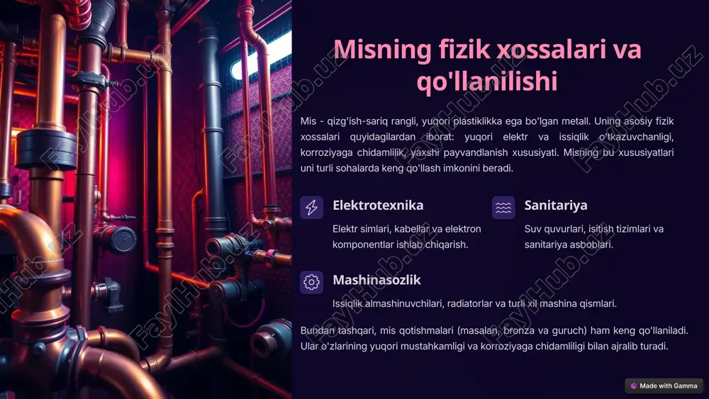 li sohalarda yangi imkoniyatlar yaratadi. 6 mis birikmalarining qo'llanilishi sanoatda mis birikmalari sanoatning turli sohalarida keng qo'llaniladi. ular katalizatorlar, pigmentlar, fungitsidlar va boshqa kimyoviy moddalar ishlab chiqarishda ishlatiladi. mis birikmalari, shuningdek, metall qoplamalar, elektronika va qishloq xo'jaligida ham qo'llaniladi. 1 kataliz mis birikmalari ko'plab kimyoviy reaksiyalarda katalizator sifatida ishlatiladi. 2 pigmentlar mis birikmalari turli xil rangli pigmentlar ishlab chiqarishda qo'llaniladi. 3 fungitsidlar mis birikmalari qishloq xo'jaligida o'simliklarni zamburug'li kasalliklardan himoya qilish uchun ishlatiladi. mis birikmalarining sanoatdagi qo'llanilishi ularning kimyoviy xossalariga va turli xil reaksiyalarda ishtirok etish qobiliyatiga asoslangan. 7 mis birikmalarining tibbiyotdagi ahamiyati mis birikmalari tibbiyotda turli xil maqsadlarda ishlatiladi. ular antiseptiklar, antifungal preparatlar va saratonga qarshi dorilar tarkibiga kiradi. mis, shuningdek, organizm uchun zarur bo'lgan mikroelement hisoblanadi va turli xil fermentlarning tarkibiga kiradi. 2 mg tavsiya etilgan kunlik mis miqdori kattalar uchun. 15 dan ortiq mis ishtirok etadigan fermentlar soni. 50% gacha misning so'rilish darajasi ovqatdan. mis birikmalari tibbiyotda …