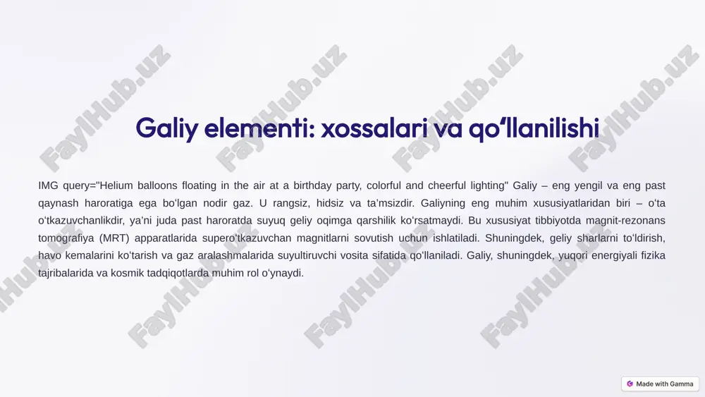 ni lazer bilan korrektsiyalash) va sanoatda (masalan, mikroelektronika) qoʻllaniladi. kriptonning yuqori yorqinligi va inertligi uning noyob xususiyatlarini qadrlaydi. 6 ksenon elementi: xossalari va qoʻllanilishi img query="xenon lamp illuminating a stadium at night, powerful bright light" ksenon – rangsiz, hidsiz va inert gaz. u havoda juda kam miqdorda uchraydi va eng ogʻir nodir gazlardan biri hisoblanadi. ksenon yorugʻlik texnologiyalarida, xususan yuqori intensivlikdagi lampalarda ishlatiladi. uning yorugʻlik chiqarish xususiyatlari avtomobil faralarida, kinoproektorlarda va tibbiy yoritishda muhimdir. ksenon, shuningdek, lazerlarda, xususan eksimer lazerlarida ishlatiladi. tıbbi uygulamalarda, ksenon anestezi ve tıbbi görüntüleme için kullanılır. ksenonning narkotik ta'siri tibbiyotda uning qo'llanilishini belgilaydi. 7 nodur gazlarning sanoatdagi ahamiyati img query="various industrial applications of noble gases, including welding, lighting, and cooling, isometric view" nodur gazlar sanoatda turli sohalarda muhim rol oʻynaydi. geliyni kriogen sovutishda, neonni yoritishda, argonni payvandlashda, kriptonni yuqori intensivlikdagi lampalarda va ksenonni yorugʻlik va tibbiyotda qoʻllash ularning sanoatdagi qimmatini koʻrsatadi. ular elektronika, metallurgiya, oziq-ovqat sanoati …
