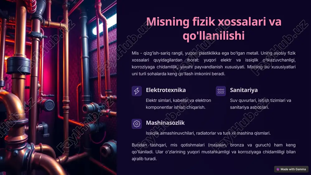 li sohalarda yangi imkoniyatlar yaratadi. 6 mis birikmalarining qo'llanilishi sanoatda mis birikmalari sanoatning turli sohalarida keng qo'llaniladi. ular katalizatorlar, pigmentlar, fungitsidlar va boshqa kimyoviy moddalar ishlab chiqarishda ishlatiladi. mis birikmalari, shuningdek, metall qoplamalar, elektronika va qishloq xo'jaligida ham qo'llaniladi. 1 kataliz mis birikmalari ko'plab kimyoviy reaksiyalarda katalizator sifatida ishlatiladi. 2 pigmentlar mis birikmalari turli xil rangli pigmentlar ishlab chiqarishda qo'llaniladi. 3 fungitsidlar mis birikmalari qishloq xo'jaligida o'simliklarni zamburug'li kasalliklardan himoya qilish uchun ishlatiladi. mis birikmalarining sanoatdagi qo'llanilishi ularning kimyoviy xossalariga va turli xil reaksiyalarda ishtirok etish qobiliyatiga asoslangan. 7 mis birikmalarining tibbiyotdagi ahamiyati mis birikmalari tibbiyotda turli xil maqsadlarda ishlatiladi. ular antiseptiklar, antifungal preparatlar va saratonga qarshi dorilar tarkibiga kiradi. mis, shuningdek, organizm uchun zarur bo'lgan mikroelement hisoblanadi va turli xil fermentlarning tarkibiga kiradi. 2 mg tavsiya etilgan kunlik mis miqdori kattalar uchun. 15 dan ortiq mis ishtirok etadigan fermentlar soni. 50% gacha misning so'rilish darajasi ovqatdan. mis birikmalari tibbiyotda …