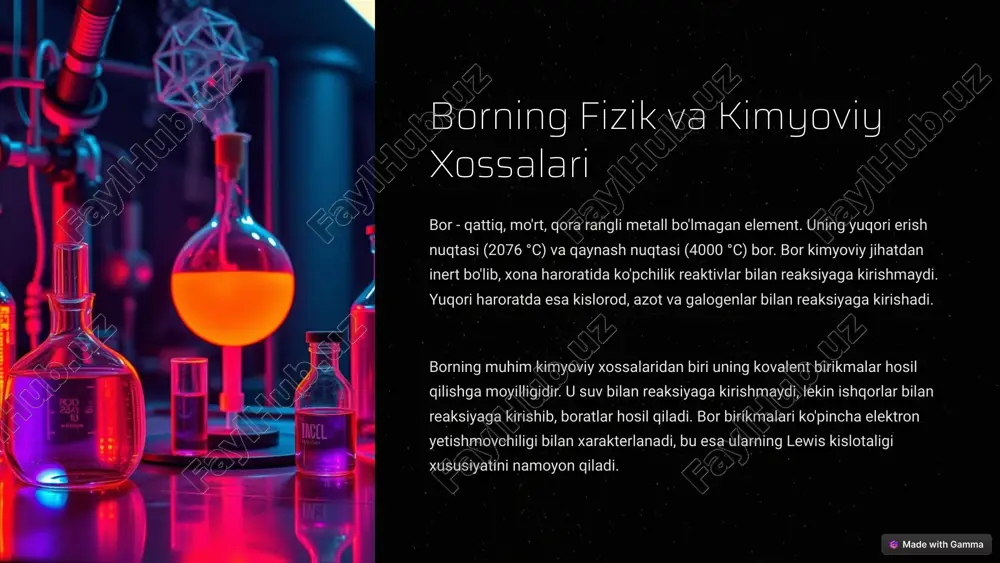 a kiradi. ularning tuzilishi juda xilma-xildir va ularning xossalari tuzilishiga bog'liq. boratlarning asosiy turlari ortoboratlar ([bo3]³⁻), metabolatlar ([bo2]⁻)n va poliboratlar ([bon]m)k dir. ortoboratlar alohida bo3 uchburchak ionlaridan tashkil topgan, metabolatlar esa bo2 zanjirlari yoki halqalaridan tashkil topgan. poliboratlar murakkabroq tuzilishga ega bo'lib, turli xil borat ionlarini o'z ichiga olishi mumkin. 7 boratlarning tuzilishi va xossalari: misol sifatida natriy tetraborati natriy tetraborati (na2b4o7·10h2o), odatda boraks nomi bilan tanilgan, eng muhim boratlardan biridir. u tarkibida tetraborat ioni [b4o5(oh)4]²⁻ mavjud bo'lib, bu ion to'rtta bor atomi va beshta kislorod atomidan tashkil topgan halqadan iborat. boraks suvda yaxshi eriydi va ishqoriy eritma hosil qiladi. boraks ko'plab sohalarda qo'llaniladi, jumladan yuvish vositalari, antiseptiklar, olovga chidamli materiallar va shisha ishlab chiqarish. u shuningdek, metallarni payvandlashda va analitik kimyoda titrlashda ham ishlatiladi. boraksning tuzilishi va xossalari uni sanoat va maishiy maqsadlarda qimmatli kimyoviy moddaga aylantiradi. 8 bor va uning birikmalarining qo'llanilishi bor va uning birikmalari turli sohalarda …