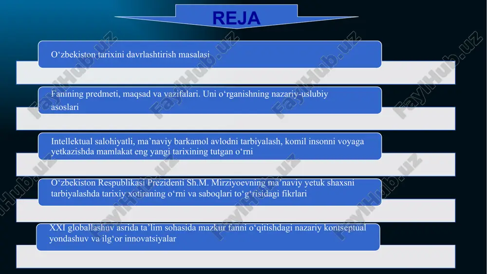 an keng ko‘lamli islohotlar davri hisoblanadi. shuningdek, bu davrda ijtimoiy-siyosiy hayotimizga yangi iboralar, xususan, «xalq bilan muloqot», «harakatlar strategiyasi», «xalq qabulxonalari», «virtual qabulxona», «tanqidiy tahlil», «qat’iy tartib-intizom», «yo‘l xaritasi», «arzon uylar», «kafolatlangan xavfsizlik», «innovatsiya», «texnoparklar», «raqamli iqtisodiyot», «transformatsiya», «o‘zbekistonda yangi uyg‘onish – uchinchi renessans» kabi tushunchalar kirib keldi va hayotimizning ajralmas qismiga aylandi. tarix fani va unga oid bilimlar jamiyat manfaatlariga, insonlarning ma’naviy dunyosiga ijobiy ta’sir qilishi, kishilarda tarixiy xotira, ajdodlar merosidan faxrlanish tuyg‘usini uyg‘ota olishi lozim. bu borada prezidentimiz shavkat mirziyoev 2018-yil 28-dekabrda oliy majlisga qilgan murojaatnomada o‘z fikrlarini bayon qilgan: «…vatanimizning qadimiy va boy tarixini o‘rganish, bu borada ilmiy-tadqiqot ishlarini kuchaytirish, gumanitar soha olimlari faoliyatini har tomonlama qo‘llab-quvvatlashimiz lozim. o‘tmishga berilgan baho albatta xolisona, eng muhimi, turli mafkuraviy qarashlardan xoli bo‘lishi zarur», degan edi. aynan ushbu murojaatnomada xalqimiz tarixi, moddiy va ma’naviy madaniyatini keng jamoatchilikka etkazish hamda jahon miqyosida targ‘ib qilish maqsadida o‘zbekiston milliy teleradiokompaniyasi negizida “o‘zbekiston tarixi” …