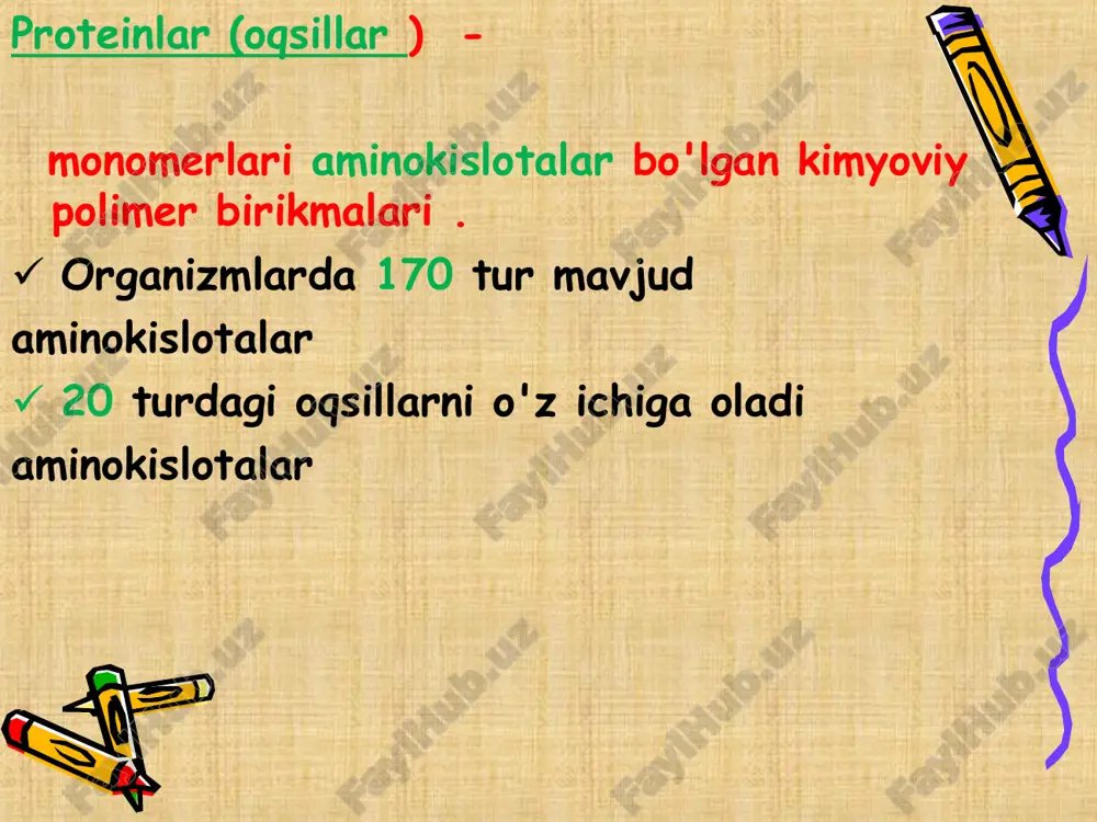 r -t-rnk lar -aminoatsil t-rnk-sintetazalar -matritsa rnk -ribosomalar -initsiatsiya, elongatsiya, terminatsiya omillari -atf, gtf -md ionlari. peptid bog'lanish - bu bir aminokislotaning aminokislotalarining azoti va boshqa aminokislotalarning karboksil guruhining uglerodlari o'rtasida hosil bo'lgan kovalent bog'lanish. polipeptidlar - oqsil-polimerlar proteinning ikkilamchi tuzilishi polipeptid zanjirining konformatsiyasi, ya'ni . nh va co guruhlari orasidagi vodorod aloqalari tufayli kosmosda zanjirni burish usuli . proteinning uchinchi darajali tuzilishi - asosan -ss- disulfid ko'priklari, vodorod aloqalari, hidrofobik va ionli o'zaro ta'sirlar natijasida hosil bo'lgan kosmosdagi buralgan spiral shakli. to'rtlamchi oqsil tuzilishi - bir nechta oqsil makromolekulalari agregatlari (oqsil komplekslari) turli polipeptid zanjirlarining o'zaro ta'siri natijasida hosil bo'ladi globulalar ion, gidrofil-gidrofobik va elektrostatik o'zaro ta'sirlar orqali bir-biriga bog'langan. 3.oqsillarning xossalari eruvchanlik denaturatsiya renaturatsiya qaytariladigan qaytarilmas oqsillarning parchalanishi:o‘simliklar o‘sishi va rivojlanishida ular tarkibidagi oqsil mlddalar doim parchalanib turadi. oqsillarning parchalanishi ayniqsa unayotgan urug‘ va donda, qariyotgan o‘simlik organlarida jadal ravishda amalga oshadi. oqsillar parchalanishi natijasida hosil bo‘ladigan aminokislotalar …