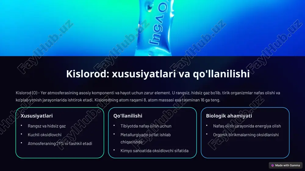 lan ortadi. 21% kislorod atmosferaning tarkibi 113°c oltingugurt erish harorati 494°c tellur qaynash harorati 9 xulosa va qo'shimcha ma'lumotlar 16-guruh elementlari - muhim kimyoviy elementlar bo'lib, turli sohalarda keng qo'llaniladi. ularning noyob xususiyatlari ularni sanoat, tibiyot va qishloq xo'jaligi uchun zarur qiladi. ushbu taqdimot ularning xususiyatlari, qo'llanilishi va kimyoviy xossalariga qisqacha nazar tashladi. kimyo birikmalar sintezi 1 sanoat materiallar ishlab chiqarish 2 tibiyot diagnostika va davolash 3 qishloq xo'jaligi o'g'itlar va pestitsidlar 4 10 image1.png image2.png image3.png image4.png image5.png image6.png image7.png image8.png image9.png image10.png image11.png image12.png image13.png image14.png image15.png image16.png image17.png image18.png image19.png image20.png image21.png image22.png image23.png image24.png image25.png
