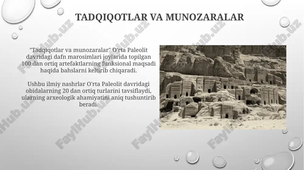 xminan 70,000 yil avval yashagan va bu guruhdagi g'amxo'rlikni ko'rsatadi. pigmentlardan foydalanish oʻrta paleolit davrida pigmentlardan foydalanish, taxminan 300,000 yil avval boshlangan, ocher va marganets dioksidi kabi minerallar bilan ajralib turadi. neandertallar pigmentlarni, jumladan qizil ocher (temir oksidi) va qora marganets dioksidini terini bo'yash, buyumlar va ehtimol, jasadlarni bezash uchun ishlatgan. o'rta paleolit ​​monumentlarining xususiyatlari oʻrta paleolit ​​monumentlarining aksariyati naqshlar yoki geomertik shakllardan iborat bo'lib, 73,000 yillik sibudu g'oridagi hashakda uchraydiganidek, ramziy fikrlash qobiliyatini namoyish etadi. o'rta paleolit ​​dafn marosimlari, masalan, shanidar iv g'oridan topilgan, dafn marosimlarida gul qo'yish kabi rasm-rusmlar, kamida 50,000 yil avval ma'naviy e'tiqodlar mavjudligini ko'rsatadi. monuments tushunchasi yodgorliklar qurilishi koʻpincha 2 yoki undan ortiq sabablarga koʻra amalga oshirilgan: masalan, hududni belgilash, jamiyatni birlashtirish va 20-asrda shakllangan siyosiy hokimiyatni namoyish etish. arxeologiyada “yodgorlik” atamasi 100 yildan ortiq vaqt davomida ishlatilib kelinmoqda; u keng qamrovli bo'lib, 5 metrdan katta bo'lgan qazilma materiallari bilan bog'liq. regurdu regurdu arxeologik joyi …