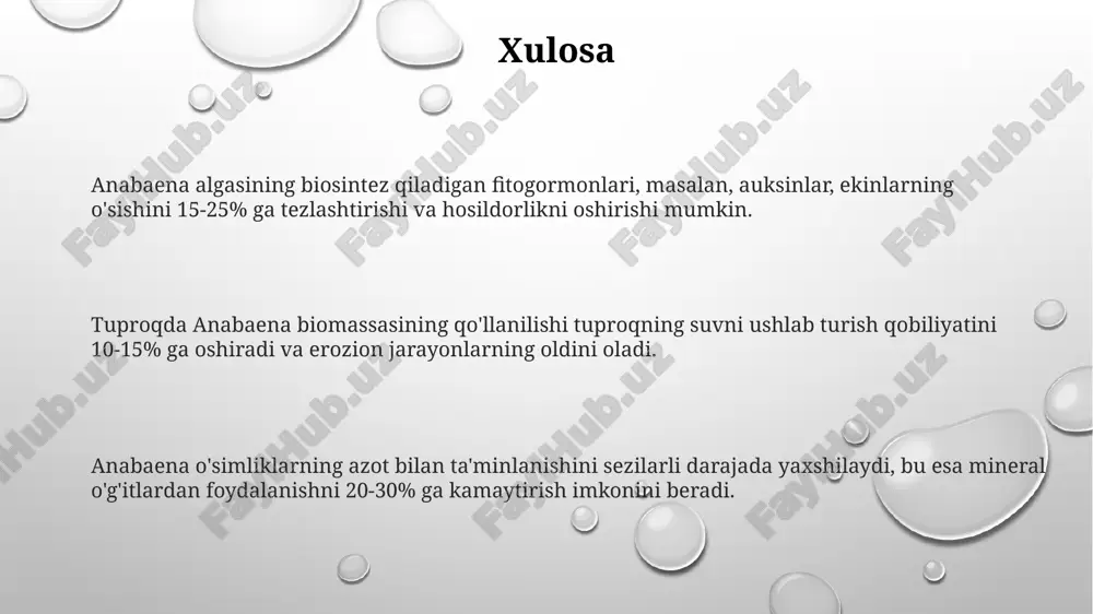 an auksinlar va gibberellinlar, urug'larning unuvchanligini 15-20% ga yaxshilaydi va o'simliklarning ildiz tizimini rivojlantirishga yordam beradi. anabaena azotni fiksatsiya qilish orqali o'simliklar uchun tabiiy o'g'it bo'lib xizmat qiladi, tuproqdagi azot miqdorini 25-30% ga oshiradi va kimyoviy o'g'itlarga bo'lgan ehtiyojni kamaytiradi. qishloq xo'jaligida anabaenadan foydalanish bo'yicha tadqiqotlar anabaena azollaning simbionti sifatida azot fiksatsiyasini oshirib, 20-30% gacha mineral azotli o'g'itlarga bo'lgan ehtiyojni kamaytiradi, shuningdek, tuproq unumdorligini yaxshilaydi. anabaena yordamida bioo'g'itlar ishlab chiqarish qishloq xo'jaligida ekologik tozalikni ta'minlaydi, chunki ular sintetik o'g'itlar bilan solishtirganda 40% gacha karbonat angidrid emissiyasini kamaytiradi. tadqiqotlar anabaena birikmalarining o'simliklarning o'sishini rag'batlantiruvchi ta'sirini ko'rsatdi, xususan, 15-25% gacha hosildorlikni oshirish va stressga chidamlilikni oshirish imkoniyatini yaratdi. anabaenaning afzalliklari anabaena sianobakteriyalari organik moddalar va o'simliklar uchun zarur bo'lgan mikroelementlarni ishlab chiqaradi, bu esa tuproqning unumdorligini 25% gacha oshiradi. anabaena suv omborlarida o'sishi tufayli suvli muhitda azotning mavjudligini oshiradi va sholidek ekinlarning hosildorligini 15-20% ga ko'paytiradi. anabaena atmosfera azotini biologik fiksatsiya qilish …