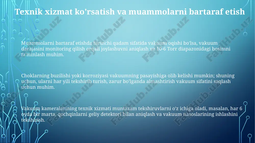 o'zgarishlarni nazorat qilish, mexanik qo'llab-quvvatlash tizimlari va har 6 oyda bir marta vizual tekshiruvdan o'tkazishni o'z ichiga olishi kerak. xavfsizlik protokollari 10^-6 torr dan past vakuumlarda ishlayotganda, kutilmagan atmosfera bosimi oshishining oldini olish uchun avtomatik shamollatish klapanlari va bosim o'lchash tizimlarini majburiy tekshirishni talab qiladi. vakuum kameralari bilan bog'liq baxtsiz hodisalarning oldini olish uchun barcha xodimlar vakuum tizimlari xavfsizligi bo'yicha to'liq o'qitilgan bo'lishi kerak, shu jumladan, favqulodda vaziyatlarda favqulodda o'chirish tartiblari va shaxsiy himoya vositalaridan (ppe) foydalanish. vakuum portlari va o'tkazgichlar o'tkazgichlar vakuum tizimidagi bosim pasayishini minimallashtirish uchun keng diametrli va qisqa uzunlikdagi bo'lishi kerak, bu esa pompalanuvchanlik tezligini oshiradi. g'ovakli materiallardan tayyorlangan vakuum o'tkazgichlar gaz molekulalarining o'tishini cheklashi mumkin, bu esa 10^-6 torr dan yuqori bosimda ishlash uchun tavsiya etilmaydi. vakuum portlarining o'lchamlari, odatda, iso-kf, iso-f yoki cf flaneslari bilan belgilanadi, bu esa 10^-8 torr dan past bosimni ta'minlash uchun muhimdir. muhrlash texnologiyalari murlash texnologiyalari vakuum kameralarining ichki qismini …