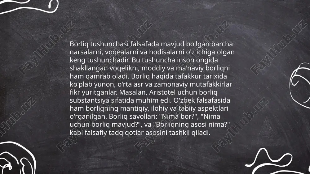ro bog'liqligini ko'rsatadi. nisbiylik nazariyasiga ko'ra, yuqori tezliklarda vaqtning oqishi sekinlashadi va borliqning geometrik xususiyatlari deformatsiyalanadi. bu nazariy yondashuv kosmik tashqi erklar, qora tuynuklar va koinotning kengayishi kabi hodisalarni tushuntirishga yordam beradi. ... t.me/slaydai_bot borliq va makon mavzusi olamni va undagi o'rnimizni tushunishga qaratilgan muhim g'oyalardan biridir. olamning o'lchamlari juda ulkan: koinotda taxminan 2 trillion galaktika mavjud bo'lib, ularda milliardlab yulduzlar va planetalar joylashgan. yer koinotda o'rtacha kattalikdagi sayyora bo'lib, quyosh tizimi ichida joylashgan. quyoshdan yerga bo'lgan masofa taxminan 150 million kilometrni tashkil etadi. ushbu masofa yerni hayot uchun qulay harorat bilan ta'minlaydi. koinot va makon borasida olingan ilmiy dalillar va teleskoplar orqali davomli o'rganishlar yangi kashfiyotlarga olib kelmoqda. ... t.me/slaydai_bot tilshunoslikda "subyekt" va "obyekt" tushunchalari gapning grammatik tuzilishida muhim rol o'ynaydi. subyekt gapda kimgadir yoki nimagadir bog'liq bo'lib, ko'pincha bajaruvchini yoki kimgadir tegishli holatni ifodalaydi. obyekt esa harakatning yoki holatning kimga yoki nimaga qaratilganligini bildiradi. masalan, "ali kitob o'qiyapti" …