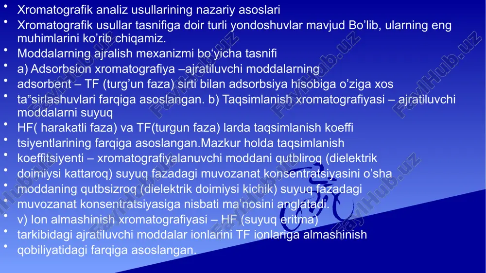 ri: jarayon tezligini oshiradi. 2. sorbent turlari.a) organik asosli sorbentlar odatda polimer asosida ishlab chiqiladi (masalan, polistirol-divinilbenzol). ular: keng ph oraliqda ishlaydi, yuqori almashinuv sig‘imiga ega, oqsillar va nuklein kislotalar bilan ishlashda ko‘p qo‘llaniladi. b) noorganik asosli sorbentlar masalan, silikagel asosli sorbentlar: yaxshi mexanik mustahkamlikka ega, lekin ph 8 dan yuqori muhitda tez yemiriladi. c) gibrid sorbentlar bu turdagi sorbentlar organik va noorganik komponentlarning kombinatsiyasidan iborat bo‘lib, ularning ustunliklarini birlashtiradi. 3. sorbentdagi funksional guruhlar ion almashinish uchun zarur bo‘lgan funksional guruhlar sorbent yuzasiga kimyoviy usulda biriktiriladi. ular quyidagicha bo‘ladi: katyon almashuvchilar uchun: sulfonat guruhlari (–so₃⁻) karboksilat guruhlari (–coo⁻) anion almashuvchilar uchun: kvaterner ammoniy guruhlari (–nr₃⁺) ikkinchi va uchinchi darajali aminlar (–nh₂, –nhr) 4.sorbent tanlovining ajratishga ta’siri 5.sorbentning turi va funksional guruhlari: ionlar bilan bog‘lanish kuchiga, ajratish vaqtiga, selektivlik va aniqlikka ta’sir qiladi. ion almashinish xromatografiyasi yordamida ionlarning ajralishini amaliy tekshirish.ajralgan ionlarning miqdorini aniqlash va natijalarni tahlil qilish. ajralgan ionlarning miqdorini …