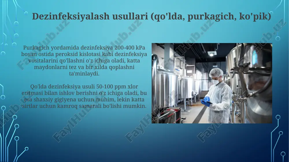 vish bosqichi amalga oshiriladi. nihoyat, dezinfeksiyadan oldin, barcha detarjent qoldiqlarini yo'qotish uchun kamida 3-5 daqiqa davomida toza suv bilan yaxshilab chayish muhim. dezinfeksiya vositalarining xavfsizligi va qo'llanilishi oziq-ovqat bilan aloqa qiladigan yuzalar uchun ishlatiladigan dezinfeksiya vositalari epa tomonidan tasdiqlangan bo'lishi kerak va ishlatilgandan so'ng 200 ppm suv bilan yuvilishi shart. dezinfeksiya vositalarining xavfsizligi, jumladan, 10-15 daqiqa ta'sir qilish vaqtida ishchilar uchun respiratorlar va himoya ko'zoynaklari talab etadi. xodimlar gigienasi va treningi yillik gigiena bo'yicha treninglar xodimlarning bilim darajasini oshiradi va listeria kabi patogenlar bilan bog'liq kasalliklar ehtimolini 30% ga kamaytiradi. trening dasturlari xodimlarga 10 asosiy gigiena qoidalarini o'rgatishi, bu orqali oziq-ovqat xavfsizligi xavfini 50% ga kamaytirishi mumkin. gigiena standartlari va talablari go'sht mahsulotlari xavfsizligini ta'minlash uchun haccp (xavf tahlili va kritik nazorat nuqtalari) tizimi asosida gigiena talablari belgilangan, bu tizim 7 ta printsipga asoslangan va 12 bosqichdan iborat. o'zbekistonda go'sht kombinatlarida dezinfeksiya qilish tartibi o'z dst 987:2017 standartiga muvofiq amalga …