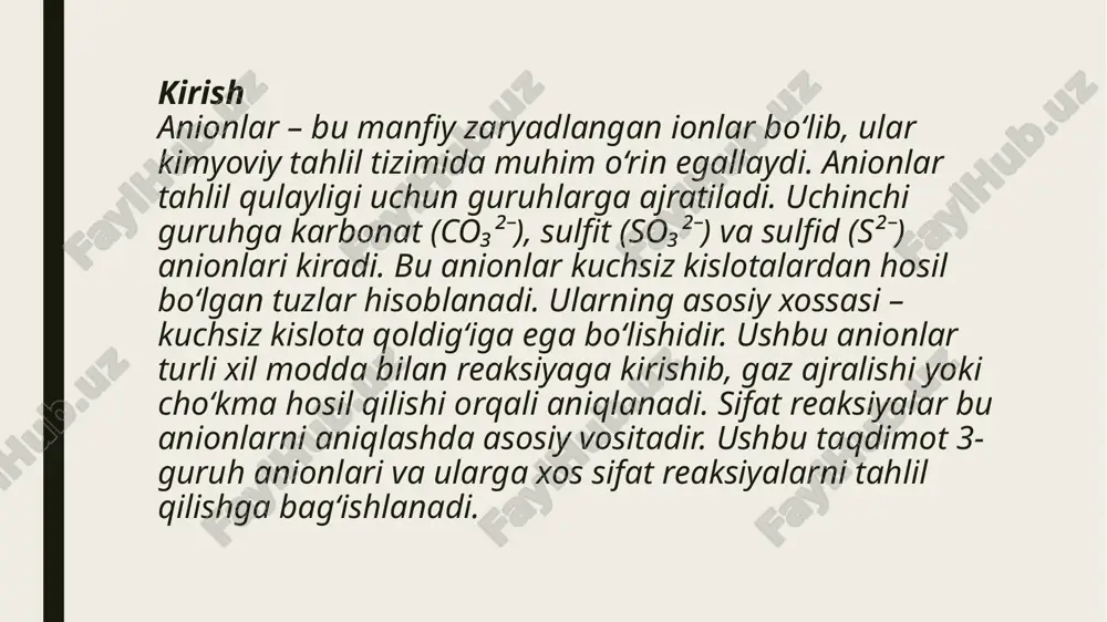 dorod sulfidi (h₂s) ajralishi mumkin. sulfidlar kislotaga ta’sir qilinganda h₂s gazi ajraladi. h₂s o‘tkir hidli, zaharli va oltingugurt hidini eslatuvchi gaz hisoblanadi. bu gaz detektor qog‘ozni qoraytiradi, bu esa aniqlash usullaridan biridir. sulfid ionlari kimyoviy tahlil va toksikologik izlanishlarda muhim ahamiyatga ega. sulfid ionining sifat reaksiyasi sulfid ionlarini aniqlashda kislotali muhitda h₂s gazining ajralishi asosiy belgidir. ajralgan gaz o‘tkir hidli va maxsus detektor qog‘oz (qo‘rg‘oshin asetatli) yordamida aniqlanadi. bu qog‘oz h₂s ta’sirida qora rangga kiradi, ya’ni qo‘rg‘oshin sulfidi (pbs) hosil bo‘ladi. bu qora dog‘ sulfid ionining mavjudligidan dalolat beradi. bundan tashqari, sulfid ionlari kumush nitrat bilan reaksiyaga kirishib, qora kumush sulfidi cho‘kmalarini hosil qiladi. ushbu reaksiyada qora rangli cho‘kma aniq ko‘rinadi. ba’zi sulfidlar issiqlik ta’sirida parchalanib, h₂s gazini ajratadi. sulfid ionlarining bunday reaksiyalari ularni ishonchli tarzda aniqlash imkonini beradi. sulfid,sulfit va karbonatlarning taqqoslanishi karbonat, sulfit va sulfid ionlari uchinchi guruhga kiradi, lekin ularning kimyoviy xossalari farqlanadi. karbonatlar hcl bilan co₂ …