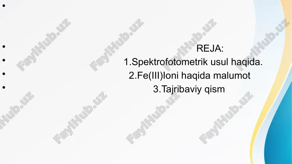 tratsiya, y – optik zichlik). grafik 15x15 sm li koordinata qog‘ozida chiziladi. jadval: fe(iii) ni sulfosalisil kislotasi bilan kompleks ko‘rinishda fotometrik aniqlash natijalari e’tiboringiz uchun rahmat image1.jpeg image3.jpeg image4.jpeg image2.jpeg /docprops/thumbnail.jpeg