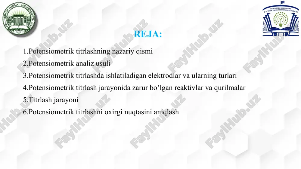 ngdek, vodorod ionlariga sezgir shisha membrana tarkibining maxsus tarkibi. shisha membrana odatda lampochka shaklida bo'lib, u ichki mos yozuvlar eritmasi bilan to'ldirilgan, ichki mos yozuvlar elektrodga (odatda kumush kumush xlorid elektrod) kiritilgan, qo'rg'oshin simlarini ulash uchun elektrod qopqog'i bilan yopilgan va o'rnatilgan. titrlash jarayoni potensiometrik o‘lchashlarni avtomatlashtirishning qiyosiy bir qator potensiometrik yoki ionometrik titrlashlar uchun avtomatik asboblar– avtotitratorlar yaratishga imkon berdi. titrlash - aniqlangan tahlil qiluvchi moddaning (tahlil qilinadigan modda) kontsentratsiyasini aniqlash uchun miqdoriy kimyoviy tahlilning keng tarqalgan laboratoriya usuli hisoblanadi. titrant yoki titrator deb ataladigan reagent konsentratsiyasi va hajmi maʼlum boʻlgan standart eritma sifatida tayyorlanadi "titrlash" soʻzi fransuzcha titrer soʻzidan kelib chiqqan boʻlib, tangalardagi yoki oltin yoki kumushdan yasalgan buyumlardagi oltin yoki kumushning ulushini yaʼni noziklik yoki poklik oʼlchovi bildiradi; tiltre titrga aylandi, shu tariqa “qotishma oltinning nozikligi”, soʻngra “maʼlum namunadagi moddaning konsentratsiyasi” degan maʼnoni anglatadi. 1828-yilda fransuz kimyogari jozef lui gey- lyusak birinchi marta titrni (titr) sifatida ishlatgan, …
