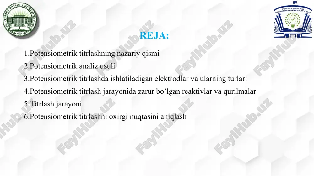 ngdek, vodorod ionlariga sezgir shisha membrana tarkibining maxsus tarkibi. shisha membrana odatda lampochka shaklida bo'lib, u ichki mos yozuvlar eritmasi bilan to'ldirilgan, ichki mos yozuvlar elektrodga (odatda kumush kumush xlorid elektrod) kiritilgan, qo'rg'oshin simlarini ulash uchun elektrod qopqog'i bilan yopilgan va o'rnatilgan. titrlash jarayoni potensiometrik o‘lchashlarni avtomatlashtirishning qiyosiy bir qator potensiometrik yoki ionometrik titrlashlar uchun avtomatik asboblar– avtotitratorlar yaratishga imkon berdi. titrlash - aniqlangan tahlil qiluvchi moddaning (tahlil qilinadigan modda) kontsentratsiyasini aniqlash uchun miqdoriy kimyoviy tahlilning keng tarqalgan laboratoriya usuli hisoblanadi. titrant yoki titrator deb ataladigan reagent konsentratsiyasi va hajmi maʼlum boʻlgan standart eritma sifatida tayyorlanadi "titrlash" soʻzi fransuzcha titrer soʻzidan kelib chiqqan boʻlib, tangalardagi yoki oltin yoki kumushdan yasalgan buyumlardagi oltin yoki kumushning ulushini yaʼni noziklik yoki poklik oʼlchovi bildiradi; tiltre titrga aylandi, shu tariqa “qotishma oltinning nozikligi”, soʻngra “maʼlum namunadagi moddaning konsentratsiyasi” degan maʼnoni anglatadi. 1828-yilda fransuz kimyogari jozef lui gey- lyusak birinchi marta titrni (titr) sifatida ishlatgan, …
