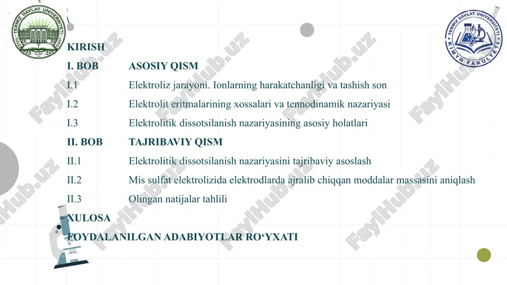 elektrod) oksidlovchi sifatida xizmat qiladi. elektrodlarda ajralib chiqadigan moddalarning massalari, tok kuchi va elektroliz davom etadigan vaqt orasida matematik tenglamalar bilan ifodalanadigan bogʻlanishlar mavjud. faradeyning birinchi qonuni: bu qonunga binoan, har bir eleklrodda ajralib chiqqan yoki erigan moddaning miqdori eritmadan o'tgan elektr tokining miqdoriga va uning kimyoviy ekvivalentiga to‘g‘ri proporsionaldir: ( i.1) bu yerda: i — tok kuchi (amper); g — ajralib chiqqan moddaning miqdori (gramm); α— moddaning ekvivalent massasi (g-ekv); - τ- elektroliz vaqti (sek); n - g-ekv lar soni; f = 96493 kulon — faradey soni. faradayning ikkinchi qonuni: faradayning ikkinchi qonuni elektrolizda ajralib chiqadigan moddalarning massalari turli moddalar uchun bir xil miqdordagi elektr zaryadi o‘tkazilganida, ularning ekvivalent massalari nisbatida bo‘ladi. bu qonun turli elektroliz jarayonlarida bir xil elektr zaryadi ta’sirida ajralib chiqadigan moddalar miqdorlarini hisoblashga imkon beradi. formulasi: bu yerda: m1 va m2 – turli moddalarning massalari, e1 va e2 – moddalarning elektrokimyoviy ekvivalentlari. ii.2 mis sulfat …