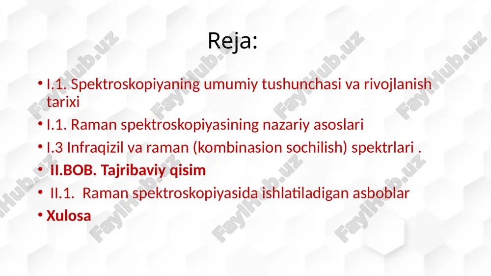 r, o‘zaro ta’sir elastik bo‘lmasa, molekula va hν energiyaga ega bo‘lgan yorug‘lik kvanti orasida energiya almashishi sodir bo‘ladi. bu yerda, νr – sochilgan fotonning chastotasi; e1v va e11v lar mos ravishda molekulaning boshlang‘ich (foton bilan to‘qnashishgacha) va oxirgi (to‘qnashuvdan keyingi) tebranish holatlarining energiyalari. bunday vaqtda energiya almashish ikki xil natijaga olib kelishi mumkin. 1 - variant. asosiy tebranish holatida bo‘lgan molekula o‘ziga kelib tushayotgan foton energiyasining bir qismini olib energiyasi kattaroq bo‘lgan qo‘zg‘algan holatlardan biriga o‘tadi e1v e11vo‘tadi. bu holda, tushayotgan yorug‘lik kattaroq chastota bilan (νr > ν) sochiladi va rs da antistoks polosasi paydo bo‘ladi. birikmaning iq spektrida antisimmetrik, raman spektrida esa simmetrik tebranishlarga tegishli polosalarning intensivligi yuqori. bu hodisa ikkala spektrning c–h bog‘ning valent tebranishlariga tegishli polosalarda namoyon bo‘lgan. yuqori chastotalik polosa antisimmetrik, quyi chastotalik simmetrik tebranishlarga tegishli. shuningdek, molekula cc bog‘ga nisbatan simmetrik bo‘lganligi uchun, ushbu bog‘ bo‘ylab tebrangan vaqtda uning dipol momenti o‘zgarmaydi va iq nurlarni …