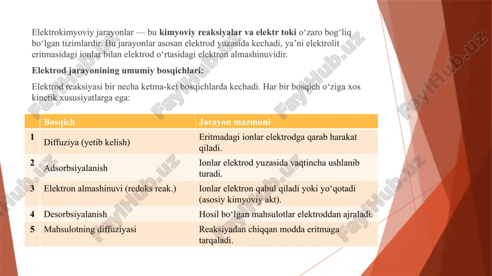 oeffitsienti. agar o‘tgan tok miqdori 1 kulon (q = 1 kl) bo‘lsa, unda m = k bo‘ladi. demak, 1 kulon tok o ‘tganda elektrodda ajralib chiqqan modda massasi elektr kimyoviy ekvivalentga teng bo’ladi. faradeyning 2-qonuni: agar turli xil elektrolitlar eritmalari orqali bir xil miqdorda elektr toki o‘tkazilsa , elektrodlarda ajralib chiqadigan moddalarning massa miqdori o‘sha moddalarning kimyo­viy ekvivalentlariga to‘g‘ri proporsional bo’ladi. har qanday moddaning 1 ekvivalent miqdorini hosil qilish uchun bir xil miqdordagi elektr toki miqdorini sarf qilish kerak. bu miqdor tokni faradey soni (f) deb ataladi. faradey soni f elektron zaryadining avogadro soniga ko‘paytmasiga teng: f = na • e =6.02•10-23 • 1.6022 •10-19 kl = 96485 har qanday moddaning bir ekvivalent miqdorini olish uchun eritma yoki suyuqlanma orqali 96485 kl miqdorda elektr tokini o‘tkazish kerak sirka kislotasini ishqor bilan konduktometrik titrlash ushbu tajribada biz kuchsiz kislota – sirka kislotasini kuchli asos – natriy gidroksid (naoh) eritmasi yordamida konduktometrik …