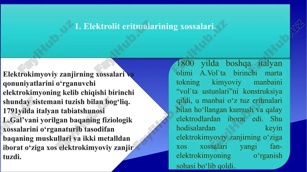 ) uchun tushuntirish oson, chunki ularda ionlar qattiq holatda ham boiadi. bunday elektrolitlar eriyotganda faqat ionlar orasidagi tortilish kuchi kamayadi, xolos. buni soddalashtirgan holda muhit dielektrik singdiruvchanligining o'zgarishi bilan tushuntirish mumkin. haqiqatdan ham, kulon qonuniga muvofiq kristall panjarada, ikkita bir zaryadli ionlar orasidagi tortilish kuchi f= e2/er2 ga teng, bu yerda: e - elektronning zaryadi; ionlaming kristallokimyoviy radiuslarining yig'indisiga teng boigan panjaraning ionlari orasidagi masofa; e - muhitning dielektrik singdiruvchanligi. 4. elektr yurituvchi kuch va uni o‘lchash. konduktometrik titrlash ishning maqsadi; ekvivalent nuqtani, elektrolitlarning eritmadagi g-ekv lar sonini va elektrolitlar aralashmasi eritmasining tarkibini aniqlash. ishning mohiyati:konduktometriya elektrolit eritmasi elektr o‘tkazuvchanligining o‘zgarishi bo‘yicha ekvivalent nuqtani topish usuli bo‘lib, u turlicha harakatchanlikka ega bo‘lgan ionlarning konsentratsiyasi titrlash jarayonida kimyoviy reaksiya borishi natijasida o'zgarishiga asoslangan. g = g- o‘tkazuvchanlik r - qarshilik (ώ) naoh hajmi (ml) qarshilik r (ώ) o‘tkazuvchanlik1/r (1/ώ) 0.0 240 0.00417 0.1 220 0.00455 0.2 200 0.00500 0.3 180 0.00556 …