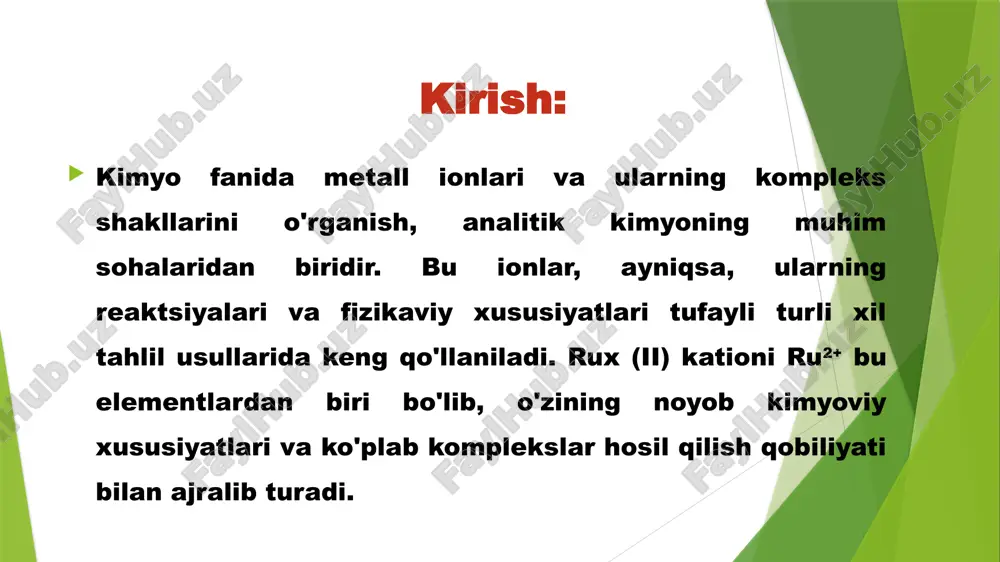 t analizida birikmalar yoki moddalarning tarkibini aniqlash uchun ishlatiladigan klassik va keng tarqalgan usullardan biridir. ushbu metod, asosan, kislotalar va asoslarning bir-biriga nisbatan reaksiyalariga asoslanadi, ya'ni proton (h⁺) yoki gidroksid (oh⁻) ionlarining o'zaro ta'siri orqali. kislota-asisli titrlash bu metodning eng mashhur usulidir.kislota-asosli metodda sifat analizining asosiy asoslari: kislota va asoslarning reaksiyasi: kislotalar (proton beruvchilar) va asoslar (proton qabul qiluvchilar) o'rtasidagi reaktsiya quyidagicha bo'ladi: kislota+asos→tuz+suv zn²⁺ (rux) ionlari bu metodda aniqlanishi mumkin bo‘lgan ionlardan biridir. sink ionlari kislota-asosli metod yordamida quyidagi usullar bilan tahlil qilinadi.zn²+(rux) ionlarini kislota-asosli metod bo‘yicha sifat tahlil qilish: (zn²⁺) ionlarini aniqlash uchun kislota-asosli metodda quyidagi asosiy reaksiyalar va reaktivlar qo‘llaniladi:1. natriy gidroksidi (naoh) qo‘shish:zn²⁺ (rux ii) ionlari, naoh (natriy gidroksidi) eritmasi bilan reaktsiyaga kirishib, zn(oh)₂ (sink gidroksidi) hosil qiladi. bu moddadan keyin ko‘rish mumkin bo‘lgan cho‘kma, sink ionlarining mavjudligini ko‘rsatadi.agar ortiqcha naoh qo‘shilsa, zn(oh)₂ gidroksidi eriydi va [zn(oh)₄]²⁻ kompleksini hosil qiladi. bu reaksiyalar quyidagicha amalga oshadi: zn2+ …