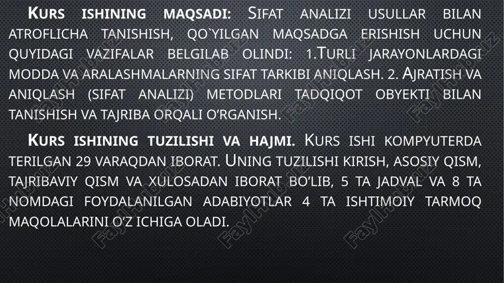 ishning to'laligi tekshirilishi kerak. buning uchun kimyoviy, spektral, radiokimyoviy, elektr kimyoviy va boshqa sezgir usullardan foydalanadilar. ajratishning to'laligini tekshirish uchun tanlanadigan usul qulay, tezkor va aniq bo'lishiga alohida e'tibor beriladi. tajribaviy qism xalaqit beruvchi moddalarni niqoblash niqoblash deganda, xalaqit beruvchi tarkibiy qismni analiz qilinadigan moddani topish va aniqlash reaksiyasiga ta'sir ko'rsatmaydigan, boshqa kimyoviy ko'rinishga o'tkazish tushuniladi. niqoblash orqali analitik amallarning selektivligini oshirish ancha samarali bo'ladi. niqoblashning boshqa ajratish usullaridan afzalligi uning tez bajarilishidadir. masalan, qalay ( iv) va surma ( iii) ionlari vodorod sulfid ta'sirida sulfidlar holida cho'kkanligi uchun ularni aniqlash qiyin. agar oksalat kislota qo'shib, qalay ioni kompleksga bog'lansa, surma ionini aniqlash osonlashadi ; sncl4 + hooc-cooh= sn(c2o4)2 + 4hci simob ( ii) ionini ditizon bilan fotometrik aniqlashga mis, qo'rg'oshin va vismut ionlari xalaqit beradi. agar shu eritmaga edta qo'shilsa, bu ionlar kompleksga bog'lanadi va simobni aniqlashga xalaqit berolmaydi. niqoblash maqsadlarida oksidlanish darajasini o‘zgartirish keng qo'llaniladi. m-n, co ni …