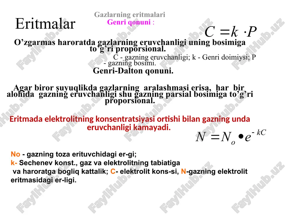 eritmalar. komponentlari qo’shilganda bir xil va turli molekulalar orasidagi o’zaro ta’sir kuchlari bir xil bo’ladi. a-a, b-b va a-b molekulalar orasidagi ta’sir teng kuchli. ideal eritmalarning xossalari alohida komponentlar xossalaridan farq qilmaydi. bu eritmalar vant-goff va raul qonunlariga bo’ysunadi. osmos va osmotok bosim erituvchi molekulalarining yarim o’tkazgich parda orqali bir tomonlama diffuziyasiga osmos deyiladi. osmos hodisasini to’xtatish uchun yuqori konsentratsiyali eritmaga berilishi zarur bo’lgan bosim osmotik bosim deyiladi. vant-goff q.erigan modda gaz holatida bo’lib, eritma hajmiga teng bo’lganda hosil qiladigan bosimi shu eritmaning osmotik bosimiga teng bo’ladi: p-eritmaning osmotik bosimi, c –kons, t-harorat,r-gaz doimiysi. osmotik bosimni o’lchashga imkon beruvchi uskuna. a- osmotik bosimni to’g’ridan to’g’ri o’lchashga mo’ljallangan osmometr: 1-sopol idish 2-monometr. b-berkeli va xartli tomonidan taklif etilgan osmotik bosimni o’lchaydigan qurilma: 1-monometr; 2-eritma solinadigan idish; 3-yarim o’tkazgich parda; 4-erituvchi saqlanadigan silindr. n- erigan moddaning mollar soni; m- erigan moddaning massasi,g; r- universal gaz doimiysi; v- eritmaning litr soni; p- eritmaning …
