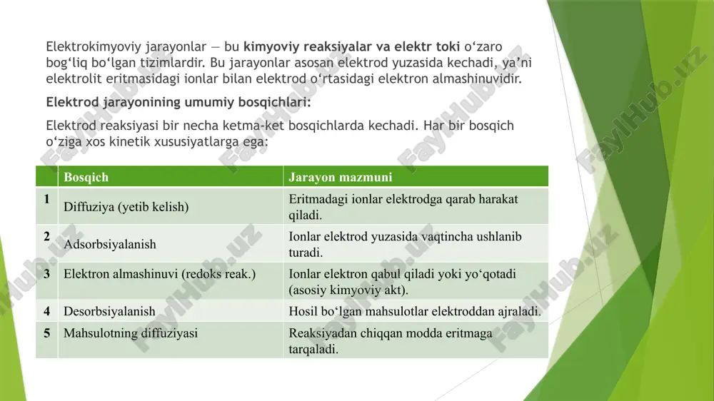 ajasi bilan ularning konsentratsiyasi orasidagi bog‘liqlikni tavsiflaydi. bu qonun 1888-yilda nemis kimyogari vilgelm ostvald tomonidan ishlab chiqilgan va u zayif elektrolitlar eritmasidagi dissotsiatsiya muvozanatini matematik ifodalashda muhim rol o‘ynaydi. zayif elektrolitlar suvda to‘liq dissotsiatsiyalanmaydi, ya’ni ular ionlarga qisman parchalanadi. masalan, sirka kislotasi (ch₃cooh) suvda quyidagi muvozanatli reaksiya orqali dissotsiatsiyalanadi: ch3cooh⇌ch3coo−+h+ ostvald qonuni aynan shunday muvozanatlarda ionlarga dissotsiatsiya darajasi bilan elektrolit konsentratsiyasi o‘rtasidagi bog‘liqlikni ifodalaydi. konduktometr konduktometr elektrolit eritmasining o‘tkazuvchanligini o‘lchovchi eng asosiy va keng tarqalgan asbobdir. u ikki elektroddan iborat bo‘lib, bu elektrodlar odatda platina materialidan tayyorlanadi. eritmaga botirilgan bu elektrodlar orqali o‘zgaruvchan tok yuboriladi. o‘zgaruvchan tok yuborilishi ionlarning qutblanishini oldini oladi. konduktometrning asosiy elementi bu hujayra doimiysidir. bu doimiy elektrodlarning o‘zaro masofasi va yuzasiga bog‘liq bo‘ladi. o‘lchov natijasi o‘tkazuvchanlik birliklarida ifodalanadi. zamonaviy konduktometrlar harorat kompensatsiya tizimi bilan jihozlangan bo‘ladi. bu tizim harorat ta’sirida yuzaga keladigan ion harakatining farqlanishini bartaraf qiladi. raqamli portativ konduktometr raqamli portativ konduktometr kichik o‘lchamli va …