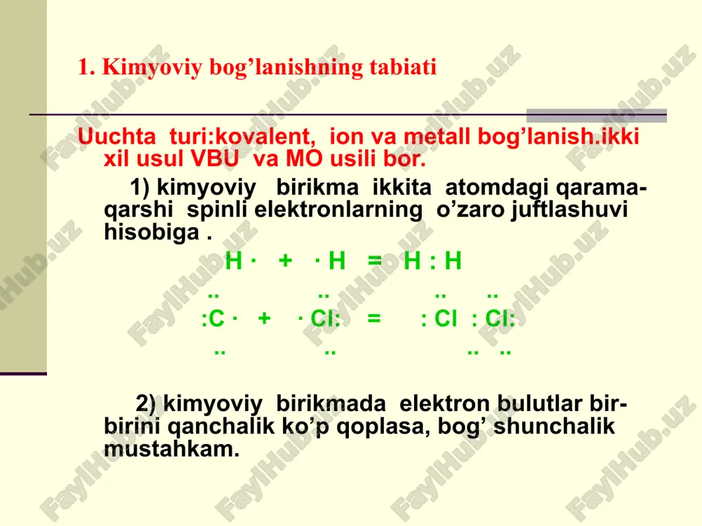 ki atom orbitallarning soni o’zgarmay qoladi. sp- gibridlanish. bef2 molekulasini 5-rasm. bef2 molekulasini hosil bo’lishida 2s- va 2p-orbitallarining qoplashi. 6- rasm. sp-gibrid orbitallarining alohida hosil bo’lish sxemasi. sp2 gibridlanish. bf3 2s va 2p orbitaldan 3 ta yangi sp2 gibrid orbitallar. burchak 120o bo’ladi. bcl3, so3, ch2=ch2 sp2 gibridlanish. sp3-gibridlanish. ch4 ; ccl4 c 1s va 3 ta p elektronga ega. markaziy atom sp3 gibridlangan. molekula tetraedrik tuzilishga ega, valent burchaklar bo’lsa 109o28’ ni tashkil etadi. 7-rasm. valent orbitallarining gibridlanishi. markaziy atomdagi bo’linmagan elektronlar juftining molekula tuzilishiga ta’siri. metan, suv va ammiak molekulalari valent burchaklar ch4 109o28 , nh3107,5o , h2o 104,5 o. 8-rasm. metan, suv va ammiak molekulasidagi kimyoviy bog’larning hosil bo’lishi. sp- bef2, co2 valent burchaklar 180o . ea3 burchak 120o . bf3, so3 . :ea2 so2, no2, h2so3 va hno2 sp3 (ccl4, cf4, ch4, hclo4, h2so4, h3po4 sp3 (nh3, hclo, hclo2, h3o+, pcl3) . 4. kimyoviy bog’ning asosiy …