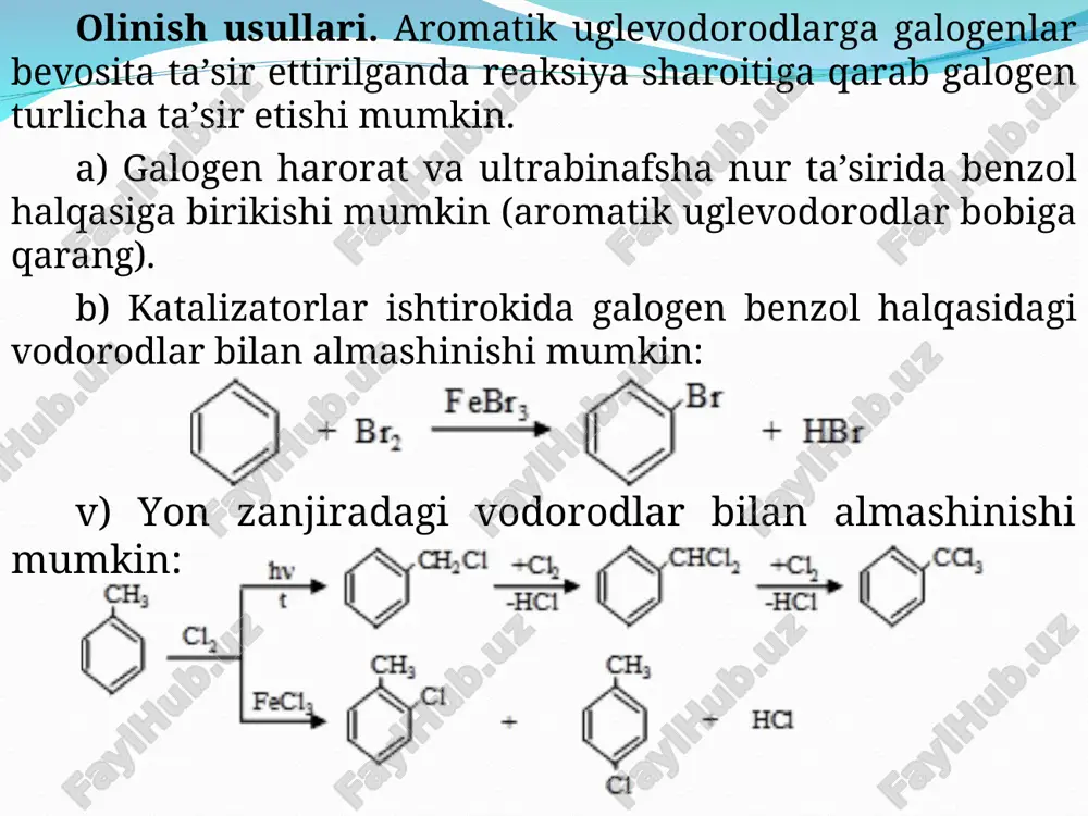 so’ng reaksiya zonasidagi nukleofil agent, masalan, suv yoki ammiak bilan juda tez reaksiyaga kirishadi va oxirgi mahsulotni hosil qiladi, masalan: yuqoridagi reaksiyaning mexanizmi shu bilan isbotlanadiki, almashinayotgan guruh hamma vaqt ham galogen o’rniga birikmaydi. masalan, p-xlortoluol gidrolizlanganda p- va m-krezollarning teng miqdordagi aralashmasi hosil bo’ladi: o-xloramizolga ammiak bilan ta’sir etilganda faqat m-aminianizol hosil bo’ladi. c14 nishonlangan atomi xlor benzolga ammiak bilan ta’sir etilganda teng miqdorda c14 1- va 2-holatda bo’lgan anilinlar aralashmasi hosil bo’ladi: bunday «qayta guruhlanish»ning sababi nukleofil agentlarni degidrobenzoldagi uchbog’ga ikki yo’nalish bo’yicha birika olishlarida deb tushuntiriladi. benzol halqasida galogenga nisbatan orto- yoki para-holatlarda elektroakseptor guruhlar –no2; -so3h; -cooh va boshqalarning bo’lishi galogen atomlarning qo’zg’aluvchanligini keskin oshirib yuboradi. buning sababi o- yoki para-holatdagi, ikkinchi tur o’rinbosarlari manfiy zaryadni qisman qayta guruhlanishi hisobiga oraliq -kompleksni barqarorlashtiradi. galogeni yon zanjirda joylashgan aromatik galogenli birikmalar galogenalkanlarni barcha xossalarini takrorlaydilar. ayrim hollarda ular galogenalkanlarga qaraganda yuqori reaksiyaga kirishuvchanlik qobiliyatini namoyon qiladilar. masalan, …