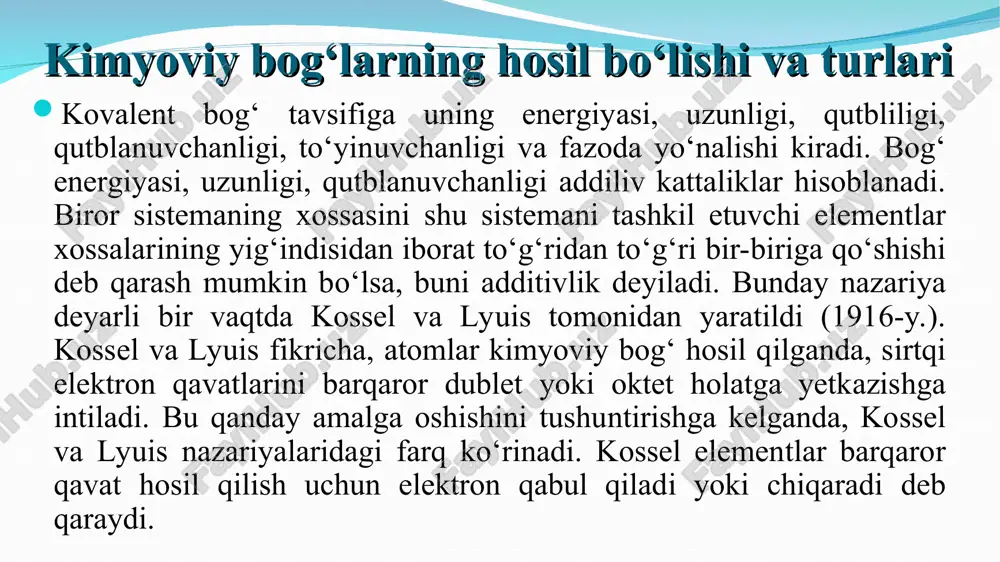 ktromanfiyliklari oz farq qiladigan atomlar orasida hosilbo‘ladigan bog‘ni qutbli kovalent bog‘lanish deb ataladi. masalan, hcl molekulasida elektron bulutining zichligi xlor atomi tomon siljigan va bu vaziyat h+–cl–ko‘rinishda aks ettiriladi. bunday molekulalar qisman qutbli yoki qisman ionli bog‘ga ega bo‘ladi. bog‘ energiyasi, uzunligi, qutblanuvchanligi additiv kattaliklar hisoblanadi. biror sistemaning xossasini shu sistemani tashkil etuvchi elementlar xossalarining yig‘indisidan iborat to‘g‘ridan to‘g‘ri bir-biriga qo‘shishi deb qarash mumkin bo‘lsa, buni additivlik deyiladi. molekuladagi atomlarning o‘zaro ta’siri bir xil bo‘lganda kovalent bog‘ning ko‘pchilik xossalari - hosil bo‘lish energiyasi, qutbliligi, qutblanuvchanligi o‘zgarmas miqdor deb olinib, boshqa xossalari ular asosida hisoblab topiladi. jumladan, molekulaning refraksiyasi undagi atomlar yoki bog‘lar refraksiyalarining yig‘indisiga yoki molekuladagi ikkita atom o‘rtasidagi bog‘ning uzunligi shu atomlar kovalent radiuslarining yig‘indisiga teng. bog‘lanish energiyasi bog‘lanish energiyasi e bilan belgilanib, birligi kj/mol va kkal/mol da o‘lchanadi. kimyoviy bog‘ hosil bo‘lganda ko‘pincha energiya ajraladi. bog‘ hosil bo‘lishi sistema energiyasining kamayishi bilan sodir bo‘ladi. bog‘ hosil bo‘lganda qancha …