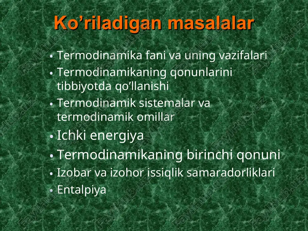 +180,75 kj gess qonuni «reaksiyaning issiqlik samarasi (entalpiyasi) dastlabki modda va mahsulotlarining tabiati va holatiga bog’liq bo’lib, reaksiya bosib o’tadigan yo’liga bog’liq emas.» q = q1 + q2 = q3 + q4 + q5 q1 q2 q q3 q5 q4 gess qonunidan hulosalar 1. hd = - hf ; bu erda: hd - moddaning parchalanish entalpiyasining o’zgarishi hf - moddaning hosil bo’lish entalpiyasining o’zgarishi 2. hr0 =  nhf0 (mahs.) -  nhf0 (dastl.) bu erda:  nhf (mahs.) - mahsulotlar hosil bo’lish entalpiyalari o’zgarishining yig’indisi  nhf (dastl.) - dastlabki moddalar hosil bo’lish entalpiyalari o’zgarishining yig’indisi 3. hr =  nhyonish (dastl.) -  nhyonish (mahs.) termodinamikaning ikkinchi qonuni klauziusning ta’rifi: «issiqlik o’z-o’zidan sovuq jismdan issiq jismga o’ta olmaydi» termodinamik ehtimollikning logarifmlangan qiymati entropiya deyiladi: s = k lgw bu erda: s - entropiya - sistemaning tartibsizligi funcsiyasi k - bolsman doimiysi w - termodinamik ehtimollik termodinamikaning ikkinchi qonuni …