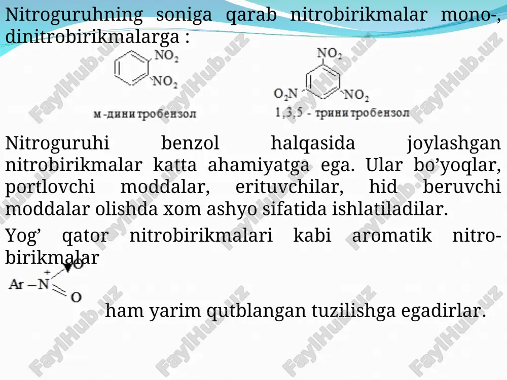 1842 yilda rus olimi n.n. zinin tomonidan kashf etilgan. birinchi marta nitrobenzol ammoniy sulfit bilan qaytarilib anilin hosil qilingan. bu reaksiyaning ochilishi kimyo sanoatidagi yirik kashfiyotlardan biri hisoblanadi. chunki aromatik aminobirikmalar bo’yoq, tibbiy dori –darmonlar, fotoximikatlar tayyorlashda katta ahamiyatga ega. aromatik nitrobirikmalarni qaytarilganda reaksiya sharoitiga qarab, turli birikmalar hosil bo’ladi. aromatik aminobirikmalar qaytarilish jarayonining oxirgi mahsuloti hisoblanadi. ular, asosan, nitrobirikmalarni kislotali sharoitda qaytarib olinadilar. neytral, ishqoriy va kuchsiz kislotali muhitlarda reaksiyani turli oraliq mahsulotlar hosil bo’lish bosqichlarida to’xtatib qolish mumkin. nitrobirikmalarning qaytarish mexanizmini gaber va v.o. lukashevichlar o’rganganlar. nitrobenzolni qaytarilish sxemasini quyidagicha tasavvur etish mumkin: neytral va kuchsiz kislotali muhitlarda 3-4 reaksiyalar hosil bo’lib, kislotali muhitda oraliq mahsulotlarni ajratib olib bo’lmaydi. neytral muhitda nitrobenzol bilan fenilgidroksilaminni ajratib olish mumkin. ishqoriy muhitda 5-8 reaksiyalar sodir bo’ladi va bu sharoitda oraliq mahsulotlarni ajratib olish mumkin. aromatik nitrobirikmalar qaytarilishi bosqichma bosqich sodir bo`ladi. nitrobenzol ishqorning spitdagi ertmasida zn yordamida qaytarilsa azobenzol hosil bo`ladi. …