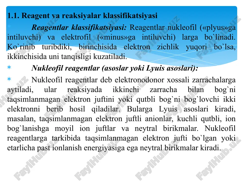 o`rganish – dastlabki moddalardan mahsulot qanday yo`l bilan olinishini aniqlash demakdir. qaysi moddalar, qanday proportsiyada, qanday ketma-ketlikda ta`sirlashayotganini, oraliq mahsulotlarni aniqlash zarur. mexanizmlarni o`rganishni asosiy usullaridan biri kinetik usul hisoblanadi. unga ko`ra reaksiya tezligi ta`sirlashuvchi moddalar kontsentratsiyasiga bog`liq holda hisoblanadi va reaksiyaning tartibi va molekulyarligi aniqlanadi. reaksiya mexanizmlarini aniqlash uchun ko`pincha izotop usulidan foydalanadilar. reaksion markazlar va ta`sirlashuvchi bog`larni aniqlash uchun ushbu bog`ga oddiy atom o`rniga uning izotopini kiritadilar (masalan, c-h bog`da c-d ishlatiladi). agar ushbu bog` bo`yicha reaksiya tezligi o`zgarishi kuzatilsa, birlamchi izotop effekti kuzatildi deb hisoblanadi va bu reaksion markazni aynan shu bog`daligini isbotlaydi. izotop usulini qo`llashni ikkinchi usulida olingan mahsulotlardagi izotoplar aniqlanadi. bu usulda kimyoviy bog`ni uzilish joyi belgilanadi. stereokimyoviy usulda ma`lum tuzilishli dastlabki moddalardan olingan mahsulotlarni fazoviy tuzilishi o`rganiladi. bu usul yordamida reaksiyani fazoviy borishi haqida ma`lumot olish mumkin. reaksiya mexanizmlarini ifodalash usullari: kimyoviy reaksiyani borishini ifodalash uchun oddiy sxemadan foydalanish mumkin, bunda dastlabki moddalar, mahsulotlar …