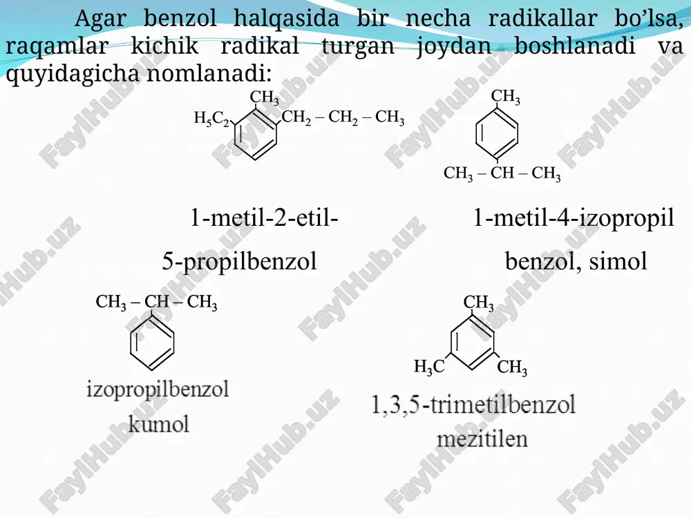 dimetilbenzol +13 138,4 0,8610 etilbenzol -95 136,1 0,8669 1,2,3-trimetilbenzol -25,4 176,1 0,944 propilbenzol -99,5 159,0 0,9618 1-metil-4-izopropilbenzol -67,2 177,2 0,8579 kimyoviy xossalari aromatik uglevodorodlar birikish jarayonlariga qiyinchilik bilan, almashinish jarayonlariga oson kirishadilar, benzol halqasi oksidlovchilar ta’siriga o’ta chidamli. birikish reaksiyalari. aromatik uglevodorodlarga vodorod yuqori haroratda (3000c), bosim (200-300 atm) va ni, pt, yoki pd katalizatorlari ishtirokida birikib, tegishli sikloalkanlarni hosil qiladi: ultrabinafsha nur ta’sirida benzol 3 molekula xlor yoki bromni biriktirib olib, geksagalogen benzolni hosil qiladi. geksagalogen benzol qizdirilganda simmetrik trigalogenbenzolga aylanadi: to’yinmagan birikmalarga o’xshash benzol ham ozon bilan ozonidlarni hosil qiladi. hosil bo’lgan triozonidga suv bilan ta’sir etirilganda 3 molekula glioksalga parchalanadi: yuqoridagi uchta reaksiya benzolning to’yinmagan birikma ekanligini isbotlaydi. galogenlash. benzolga temir-(iii)-xlorid katalizatori ishtirokida xlor yoki brom bilan ta’sir etilganda benzoldagi vodorodlar ketma-ket galogen atomiga almashina boradi. almashinish yo’naltirish qoidasiga muvofiq boradi. temir xlorid ishtirokida xlor geterolitik parchalanishga uchraydi: so’ngra reaksiya uch bosqichda sodir bo’ladi. a) -kompeks hosil …