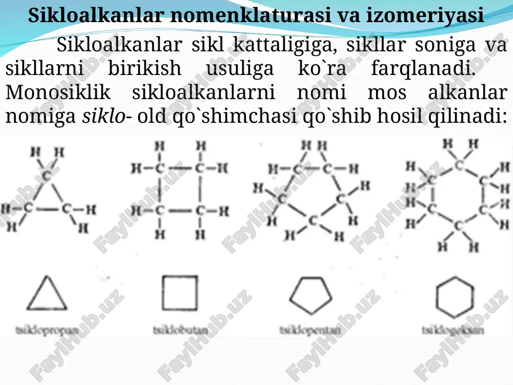 bo`lib, tetraedrik uglerod atomi burchagiga mos kelmaydi. siklopropan sikli hosil bo`lishida tetraedrik burchaklar 60 o gacha kamayishi kerak, valent burchaklar kuchlanishi sodir bo`ladi. o`z vaqtida a. bayer (1885) siklopropanni yuqori reaksion qobiliyatini valent burchaklar kuchlanishi bilan tushuntirgan – bayerni kuchlanish nazariyasi. siklopropanda bog`lar tabiati propan va propendagi kabi oddiy emas. siklopropanda c – c bog`ni sp 3 – gibridlangan orbitallar qoplanishidan hosil bo`lishida qisman qoplanish kuzatiladi. egilgan orbitallar («banan bog`lar», 19 – rasm) hosil bo`lishi mumkin. agar siklopropanda uglerod atomlari sp 2 -gibridlangan holatda bo`ladi deb taxmin qilsak, bog`lar p- orbitallarni qisman qoplanishidan hosil bo`lishi, sikl markazida esa sp 2 -gibridlangan orbitallar ta`sirlashish kerak edi. ehtimol, sik lopropan bog`larini hosil bo`lishida sof sp 3 - yoki sp 2 -gibridlanishga ega bo`lmagan atom orbitallari ishtirok qilar. p-orbitalni siklopropan bog`lari hosil bo`lishiga xissasi haqida uning ionlanish energiyasi nisbatan past bo`lishidan xulosa qilish mumkin (propan uchun 11,5 ev, siklopropan uchun 10,5 ev, propen …