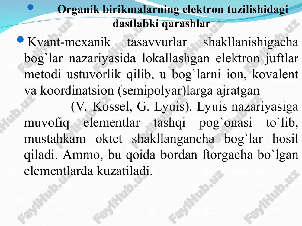 ikish tartibini va ular bog’larining tabiatini a.m. butlerov kimyoviy tuzilish deb atadi. 2. moddalarni kimyoviy xossalari ular molekulasining tarkibiga va kimyoviy tuzilishiga bog’liq. kimyoviy tuzilishning bu qoidasi izomeriya hodisasini tushuntirib beradi. 3. reaksiyalarda molekulaning hamma qismi emas, balki ma’lum qismi o’rganganligi tufayli, moddaning kimyoviy o’zgarishini o’rganish yo’li bilan uning kimyoviy tuzilishin aniqlash mumkin. 4. mazkur moddaning xossasini o’rganib, molekulasining tuzilishini aniqlash, uning tuzilishini va xossasini ham aks ettiradigan ma’lum bir formula bilan ifodalash mumkin. 5. molekula tarkibiga kirgan funksional guruhning xossasi o’zgarmas bo’lmasdan, balki shu guruh birikkan atom yoki atomlar guruhning ta’sirida o’zgaradi. a.m butlerov ta'rifi moddaning xossalari uning elektron va fazoviy tuzilishi ham ta'sir qilishini hisobga olmaydi. hozirgi zamon ta'rifi: organik birikmalarning fizik va kimyoviy xossalari uning tarkibiga hamda kimyoviy, elektron va fazoviy tuzilishiga bog'liq. bu ta'rif moddaning xossalariga bog'liq bo'lgan hamma faktorlarni hisobga oladi. quyida keltirilgan misollar fikrimizni tasdiqlaydi. bizga ma’lum bo’lgan uglevodorodlar misolida birinchi qoidani ko’rib chiqaylik. …