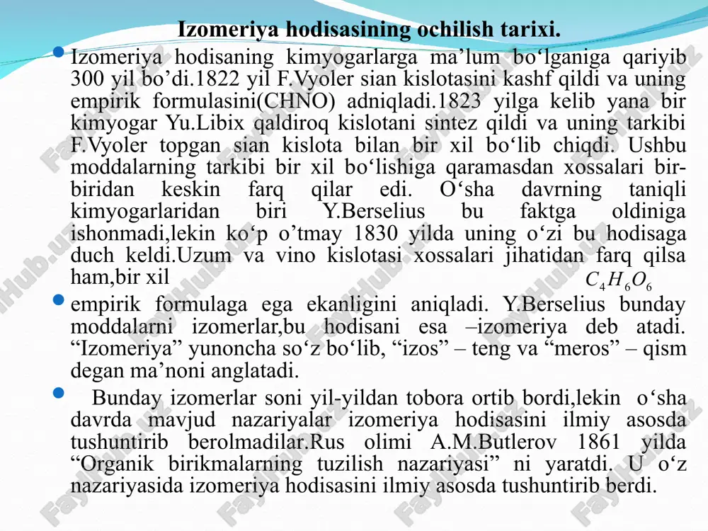 boʻlsa,trans- izomer hosil boʻladi. masalan: optik izomeriya. proeksion formulalar. quyida formulalari keltirilgan sut kislotalarining chapga buruvchisi (-) d qatorga, o‘nga buruvchisi (+) l qatorga mansubdir. optik faol birikmalarning absolyut konfiguratsiyasi ifodalarini (r, s) fanga kan, ingold va preloglar kiritgan. bu ifodalar soat strelkasi bo‘yicha (r) yoki soat strelkasiga teskari (s) ma’nolarini anglatadi. optik faol moddaning absolyut konfiguratsiyasining ifodasini aniqlash uchun asimmetrik uglerod atomiga birikkan atomlar yoki atomlar guruhi ularning atom massalari kamayib boruvchi tartibda joylanadi. tetraedrga eng kichik atom massaga ega bo‘lgan guruhga teskari tomondan qarab, atom massasi katta guruhdan atom massasi kichik guruhga tomon aylanma yuriladi. bunda l(+) sut kislotasi absolyut konfiguratsiyasining ifodasi s, d (-) sut kislotasi absolyut konfiguratsiyasining ifodasi r bo‘ladi. sut kislota tarkibidagi asimmetrik uglerod atomi bilan birikkan guruhlar atom massalarining kamayib borishi bo‘yicha quyidagi qatorga joylashadi: -oh > -cooh > ch3 > h tautomeriya biror atom yoki guruhning molekulaning bir qismidan ikkinchi qismiga siljishi tufayli …