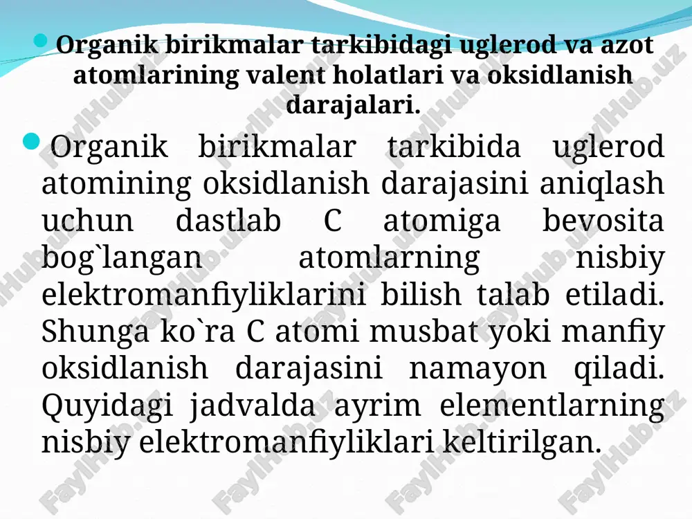 ntlar bilan ta`siri. a) h-elektrofillar (kuchli kislotalar) bilan reaksiyalari. 3. alkenlarni suvli eritmada xlorlashda xlorgidrinlar (xloralkanollar) hosil bo`ladi: 4. alkenlarni gidroformiatlash. 5. alkenlarni oksidlanish reaksiyalari. a) kmno4 va cro3 bilan oksidlash. b. sirka kislota eritmasida cro3 bilan ta`sirlashganda alkenlar qo`sh bog`i bo`ylab uziladilar va aldegid yoki ketonlar hosil qiladilar. reaksiya sharoitida aldegidlar karbon kislotalargacha oksidlanadilar: c. peroksikislotalar va kislorod bilan oksidlanishi. reaksiyani n. a. prilejaev (1909) ochgan. peroksibenzoy kislota ko`pincha prilejaev reagenti deb aytiladi. ozonlash. alkenlar ozon bilan oson ta`sirlashadilar va portlovchi moddalar – molozonidlar va ozonidlar hosil qiladilar: molozonid c – c bog`i uzilishi natijasida qayta guruhlanadi va ozonidga o`tadi. o`rinbosar turiga bog`liq holda ozonidlar besh va olti a`zoli sikllarga ega bo`ladilar: palladiy tuzlari ishtirokida oksidlanishi. spirtlar ishtirokidagi oksidlanish-qaytarilish reaksiyalari oksidlanish. birlamchi va ikkilamchi spirtlar oksidlanadi. oksidlanish natijasida aldegid yoki ketonlar, karbon kislotalar hosil bo`ladi: oksidlanish gomolitik jarayon bo`lib, unda erkin radikallar hosil bo`ladi. permanganat yoki xromat bilan kislotali …