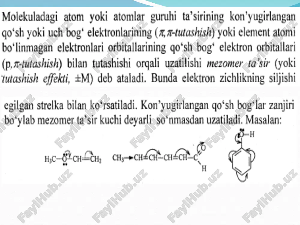 kuchlidir ( ). 5. mezomer ta’sir elektronlari tutshuvchi π – orbitallar ( yoki π – orbital bilan p – atom orbitali) bitta tekislikda joylashgan ( koplanar ) bo’lsagina nomoyon bo’ladi. masalan: m – ta’sirning nomoyon bo’lishi m – ta’sirning keskin kamayishi mezomer ta’sirning boshqa turlari mezomer ta’sirning yuqorida ko’rib o’tilgan turlari π – π – va p – π – turidir. mezomer ta’sirining oddiy bog’ elektronlari bilan qo’sh bog’ elektronlarining (σ,π-) yoki ikkita oddiy bog’ (σ, σ) elektronlarining tutashishi natijasida uzatilishi mumkin. bu ta’sirlarning o’rgarishiga rus olimi a.n.nesmeyanov katta hissa qo’shgan. σ – π – mezomer ta’sir. bu ta’sir birinchi bor propilenga hbr birikish reaksiyasida v.v.markovnikov tomonidan o’rganilgan. propilen molekulasida qutublanishga ( ) metil guruhining faqatgina induksion ta’sitr emas (+j), balki bog’lardagi elektronlarning ham siljishi o’z ta’sirini ko’rsatadi: metil guruhining musbat induksion(+j) ta’siri. metil guruhidagi c –h – bog’larning mezomer (σ, π - ) ta’siri. bu ta’sirlar natijasida metil guruhidagi …