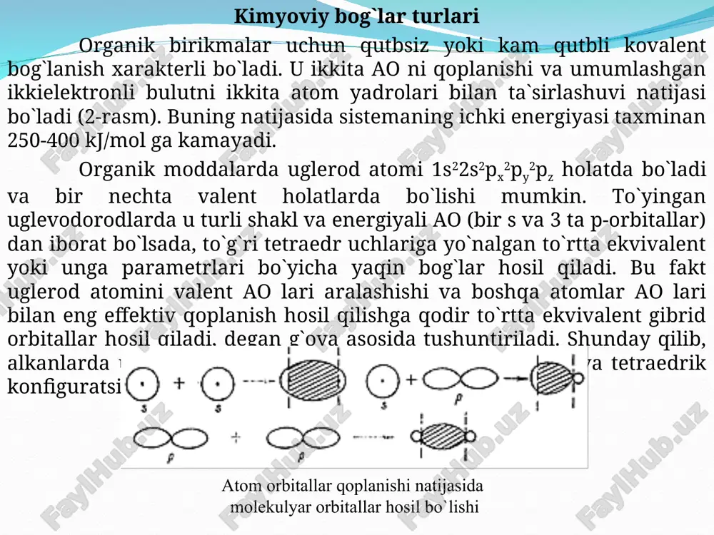 om yadrolari bilan ta`sirlashuvi natijasi bo`ladi. buning natijasida sistemaning ichki energiyasi taxminan 250-400 kj/mol ga kamayadi. organik birikmalarda biz kimyoviy bog‘larning kovalent, vodorod va ion bog‘lariga duch kelamiz. organik birikmalarda kovalent bog‘ asosiy o‘rin tutadi. kovalent bog‘ atomlarning qarama-qarshi spinli juftlashmagan valent elektronlarining umumlashi natijasida yoki bir atomga tegishli elektron juft hisobiga hosil bo‘ladi. kovalent bog‘, odatda, elektronga moyilligi bir-biriga yaqin bo‘lgan atomlar o‘rtasida hosil bo‘ladi. kovalent bog‘ ikkita elektron yoki chiziqcha bilan ifodalanadi. masalan: organik birikmalarda kovalent bog’ning σ va π ko’rinishlari mavjud. σ – bog’. agar kovalent bog’ s, p, sp3, sp2 va sp – elektronlarning (atom orbitallarning) asosiy o’qi bo’yicha tutashishi natijasida hosil bo’lsa, bu bog’ σ – bog’ deyiladi. σ – bog’ning hosil bo’lish sxemasi: π - bog’. agar kovalent bog’ p elektronlarning (atom orbitallarning) yonlama tutashishi natijasida hosil bo’lsa, bu bog’ π - bog’ deyiladi. kovalent bog’ kutubsiz va qutubli bo’lishi mumkin. π – bog’ning …