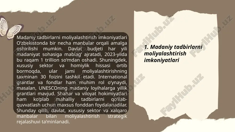 atda 6 oydan 2 yilgacha bo'lgan muddatni qamrab oladi. kelishuv qiymatlari turli bo'lishi mumkin, biroq o'rtacha homiylik summalari 5000 dan 50000 aqsh dollarigacha yetadi. yillik homiylik hisoboti orqali 70-80% muvaffaqiyatli jalb qilingan homiylar uzoq muddatli hamkorlikka tayyor bo'lishadi. statistik ko'rsatkichlarga ko'ra, hamkorlikka tayyorlangan homiylar, odatda, tashkilotning salohiyatini kuchaytiradi. ... t.me/slaydai_bot tadbirlar uchun mablag' topish usullari ko'plab variantlarni o'z ichiga oladi. sponsorlardan moliyaviy yordam so'rash juda samarali bo'lishi mumkin. kichik bizneslardan katta korporatsiyalargacha turli miqyosdagi tashkilotlar bilan hamkorlik qilish 20-50% muvaffaqiyat keltirishi mumkin. chiptalar sotish orqali daromadni oshirish ham keng tarqalgan usul bo'lib, chiptalar narxini ehtiyotkorlik bilan belgilash orqali maksimal darajada foyda olish mumkin. shuningdek, turli grantlar uchun murojaat qilish orqali ham mablag' topish mumkin, lekin bu jarayon ba'zida qiyin va vaqt talab etadi. tovar yoki xizmatlarni sotish orqali qo'shimcha mablag' 30% gacha tushishi mumkin. ... t.me/slaydai_bot 3.madaniy tadbirlarni o’tkazishda marketing strategiyalari madaniy tadbirlarni o‘tkazishda marketing strategiyalari muvaffaqiyatli tashkilotchilik uchun juda …