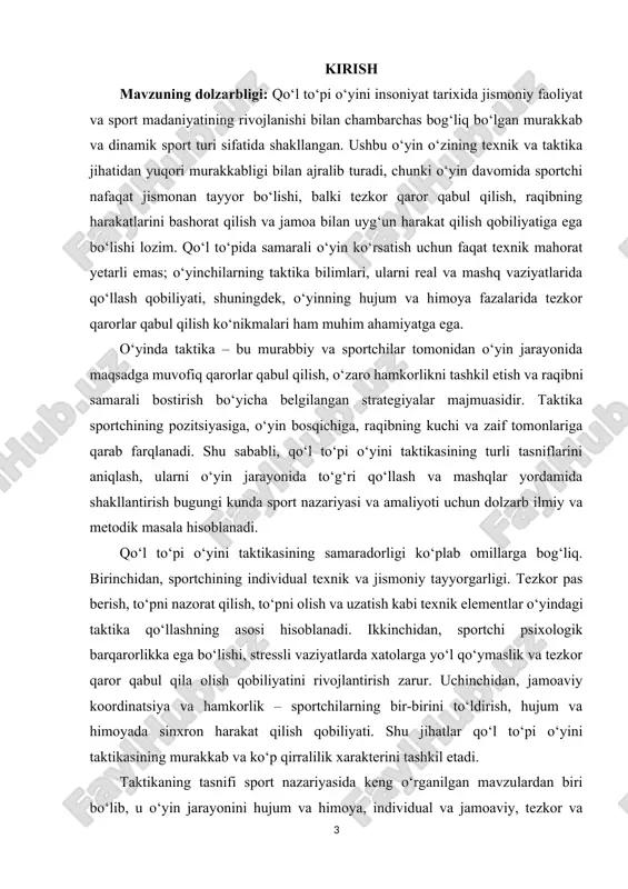 huningdek, o‘yin jarayonida tezkor qaror qabul qilishni o‘rgatish imkonini beradi. mashq jarayonida real o‘yin sharoitlarini yaratish, video tahlil va sensor texnologiyalari yordamida harakatlarni baholash va optimallashtirish taktika samaradorligini oshirishga xizmat qiladi. qo‘l to‘pi o‘yini taktikasining tasnifi nafaqat sportchilarning texnik tayyorgarligini, balki ularning psixologik va jismoniy tayyorgarligini bir vaqtning o‘zida rivojlantirishga imkon beradi. taktik bilim va ko‘nikmalarni mashq jarayonida uyg‘unlashtirish orqali o‘yinchilar o‘z pozitsiyasida samarali harakat qilish, hujum va himoyada tezkor qarorlar qabul qilish, jamoaviy koordinatsiyani oshirish va o‘yinning umumiy strategik rejasiga moslashish qobiliyatini rivojlantiradilar. shu bilan birga, murabbiylar taktika tasnifi asosida mashqlarni metodik jihatdan optimallashtiradi va o‘yin jarayonida kombinatsion usullarni qo‘llash imkoniyatiga ega bo‘ladi. shuni ta’kidlash joizki, qo‘l to‘pi o‘yini taktikasining tasnifi sport nazariyasi va amaliyotida dolzarb mavzu hisoblanadi. chunki bugungi kunda yuqori darajadagi sport musobaqalarida, milliy va xalqaro miqyosda muvaffaqiyatga erishish faqat texnik mahoratga bog‘liq emas, balki o‘yindagi to‘g‘ri taktika va tezkor qaror qabul qilish qobiliyatiga ham bog‘liqdir. shu …